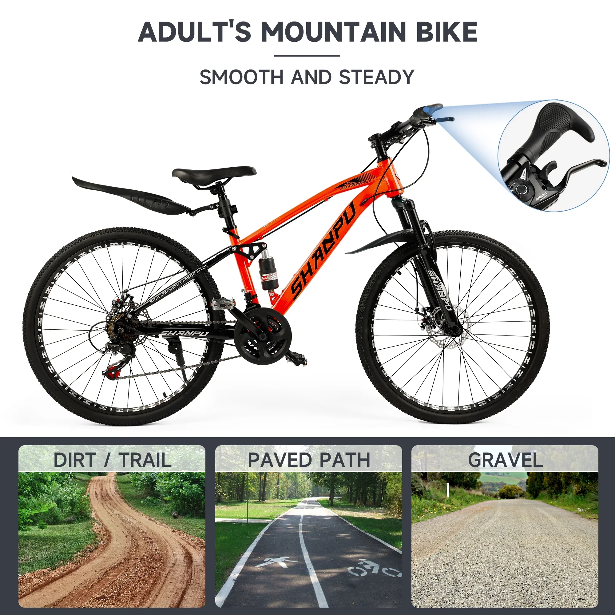 ARTUDATECH 26 Inch Wheel Full Suspension Mens Mountain Bike, Shimano 21 Speed,  Dual Disc Brake Bike for Men Womens Adult Bicycle With Bike Lock And Air Pump, orange