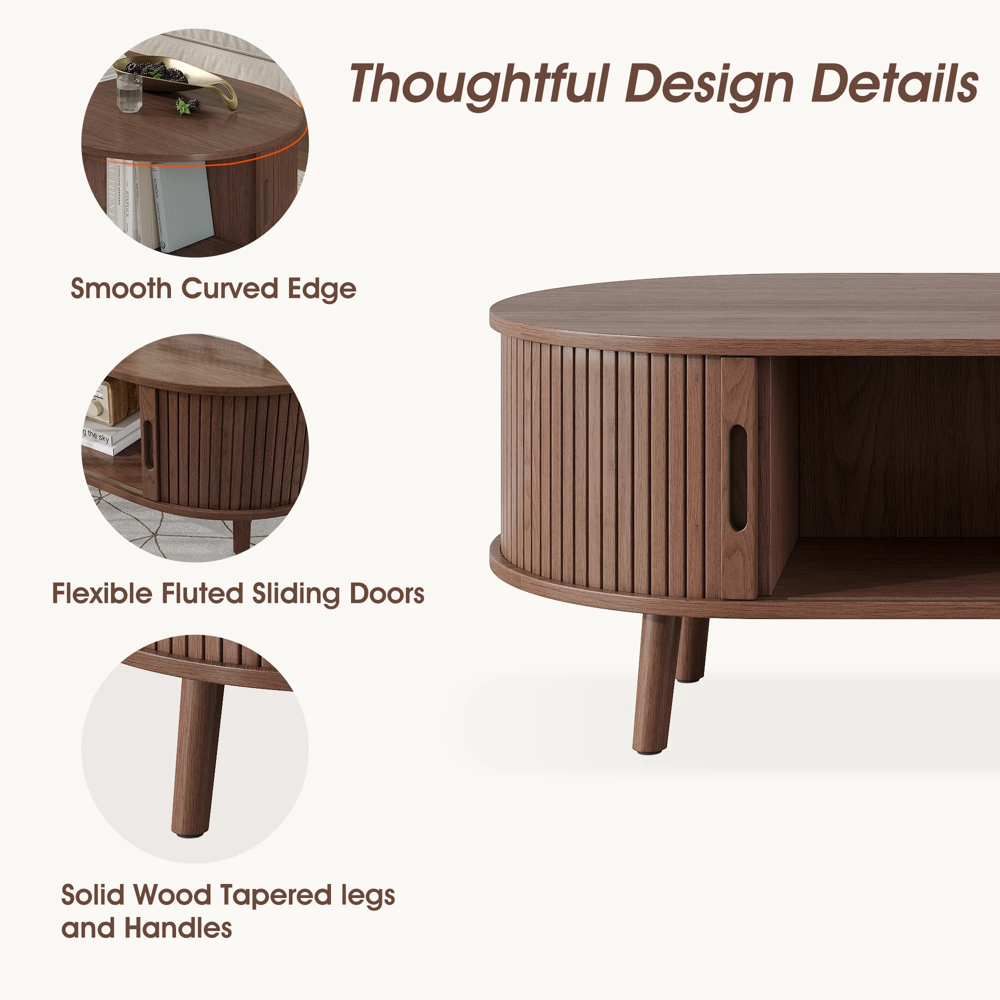 Oval Coffee Table, 42.5" Drum Coffee Table with Sliding Tambour Door, Fluted Accent Center Table with Storage, Mid Century Modern Coffee Table for Living Room, Center Table Walnut - Image 3
