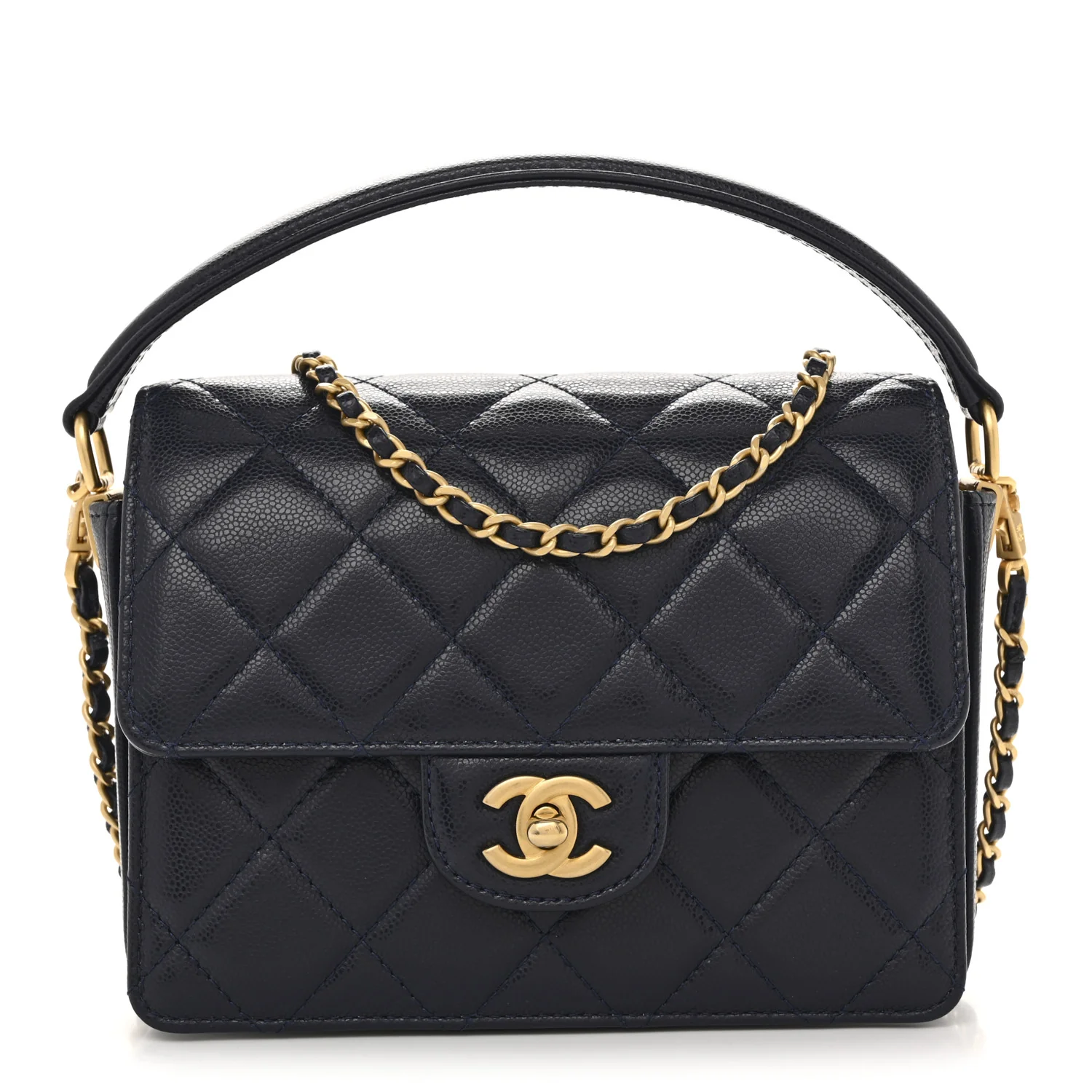 Shiny Caviar Quilted Mini Top Handle Flap Navy Blue