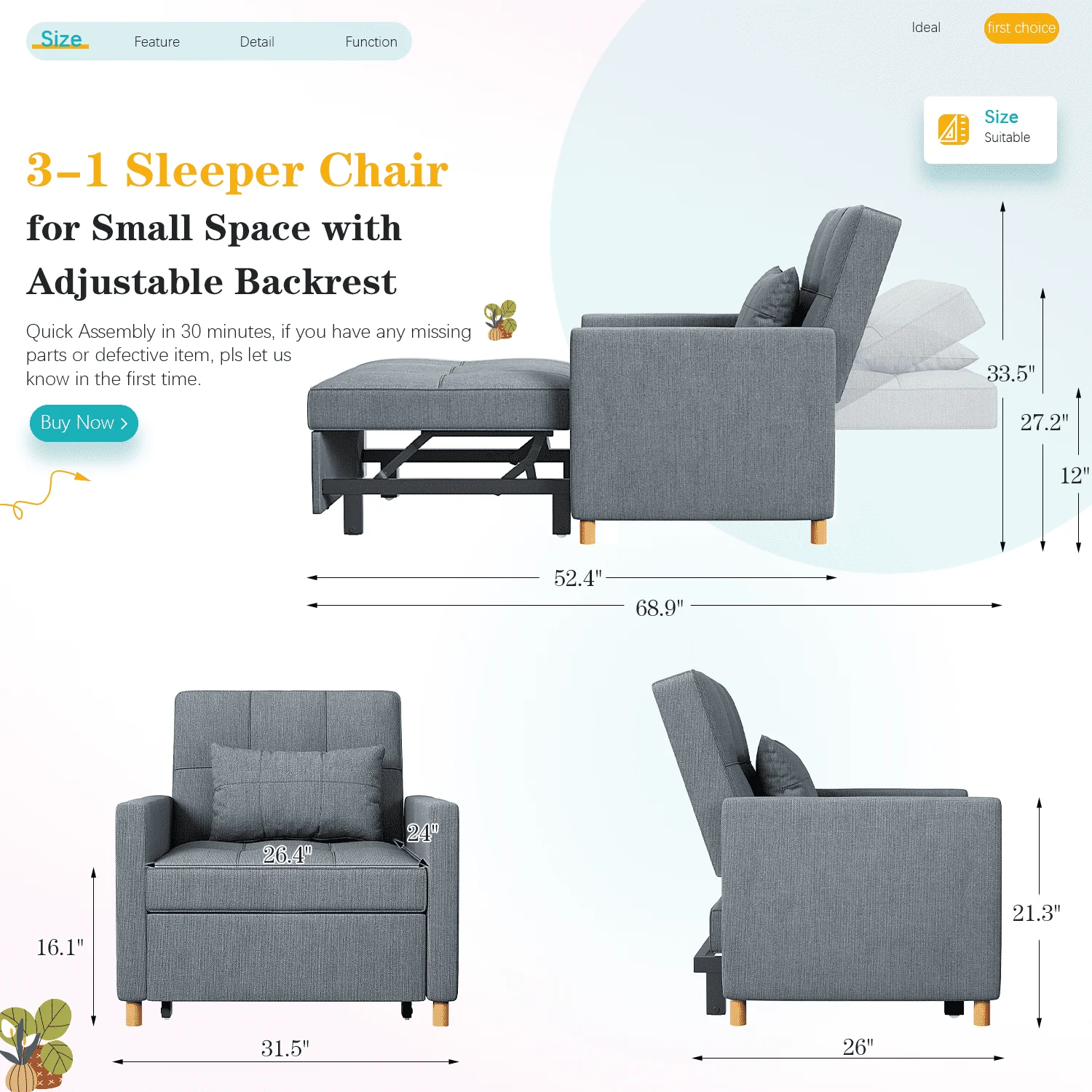 YODOLLA Sleeper Sofa Chair 3 in 1 Sleeper Chairs for Adults Pull Out Chair Bed Sleeper with Extra Pillow and Convertible Backrest Multi Functional Fold Out Chair Bed for Small Space (Dark Grey) Image 3