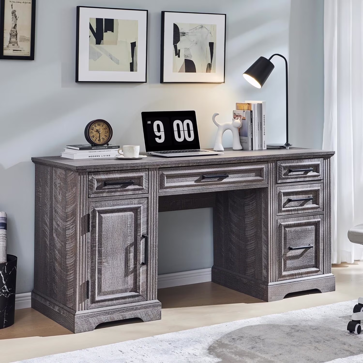 Farmhouse Wood 58" Executive Desk, Home Office 30" High Computer Desk with Drawers and Storage Cabinet, White(White) - Image 7