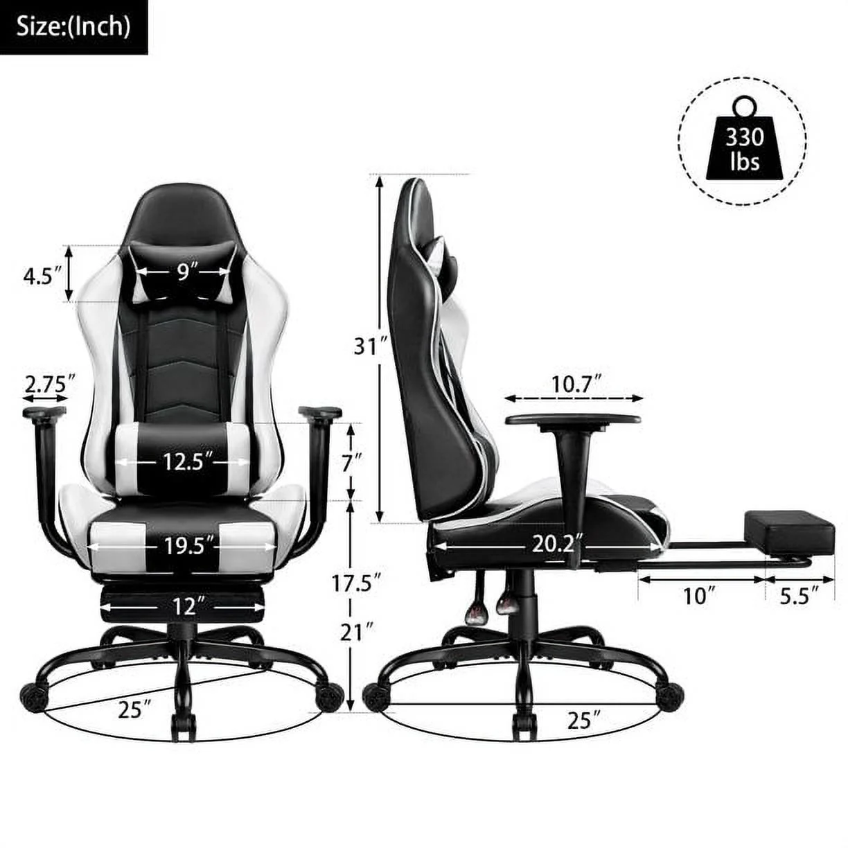 High Back Gaming Chair PU Leather Adjustable Height Racing Chair with Lumber Support Ergonomic Gaming Chair with Reversible, White(White) - Image 7
