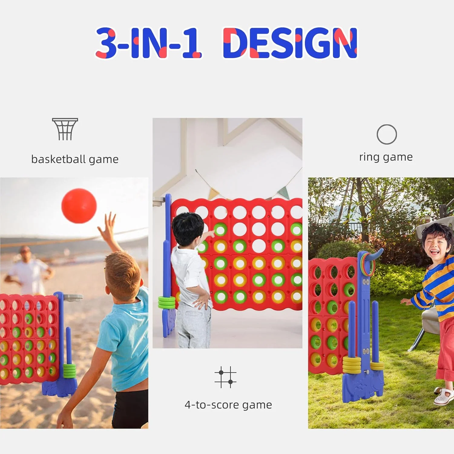 Giant 3-in-1 4-in-a-Row Game Set with Basketball Hoop, Ring Toss and Carry Bag