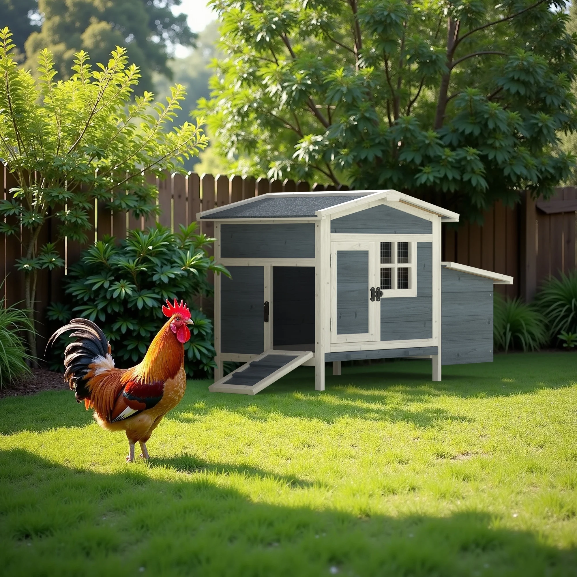 Outdoor Chicken Coop Rabbit Hutch Wooden Hen House w/ Nesting Box Tray Poultry Cage for Outdoor Indoor(Gray) - Image 2