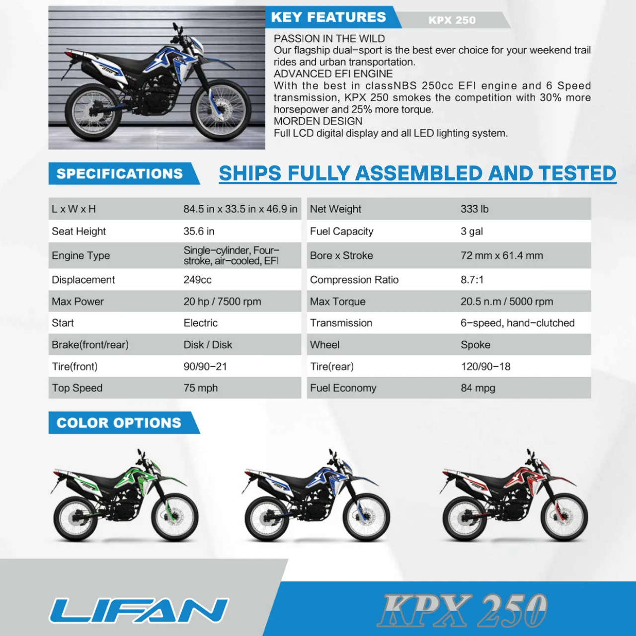 Lifan KPX 250cc EFI Motorcycle, 6 Speed, Single - Cylinder, 4 - Stroke