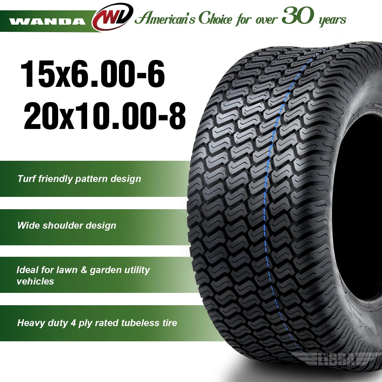 Set of 4 New Lawn Mower Turf Tires 15x6 - 6 Front & 20x10 - 8 Rear /4PR - 13016 - 13040