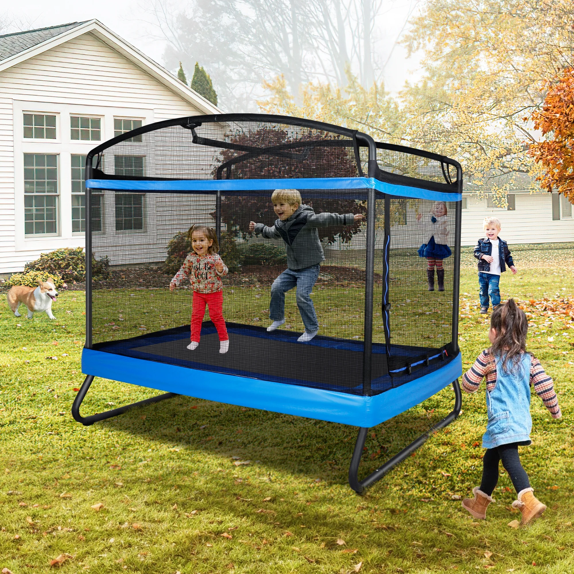 GIKPAL 3 - in - 1 Kids Trampoline with Swing Set, 6FT Rectangle Toddler Trampoline Indoor/Outdoor for Ages 3 - 8, Heavy - Duty Jumping Mat for Backyard Play, Blue