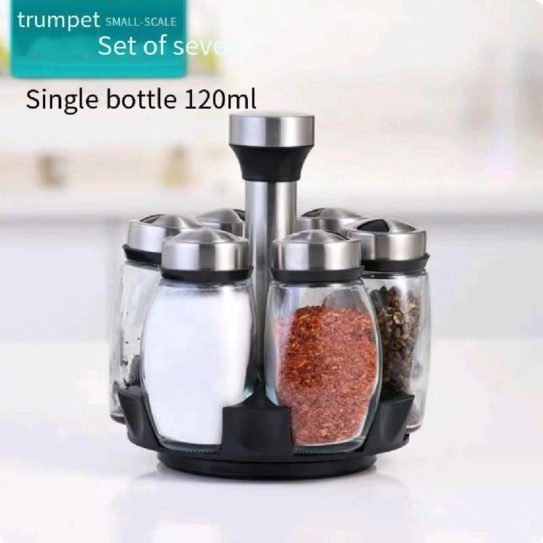 Kitchen rotating spice rack storage set, 360 degree rotating bracket, 6 glass jars, blank labels, space-saving storage solution, suitable for kitchen and table use