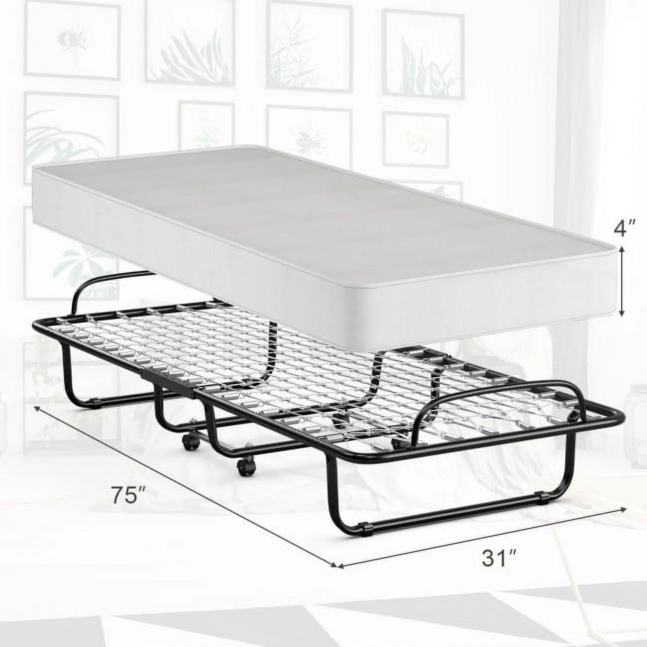 75" x 31" x 13" Folding Bed with Mattress, Rollaway Bed Metal Frame on Wheels, Portable Foldable Guest Bed for Adults, Cot Size Fold up Bed with Memory Foam Mattress - Image 4