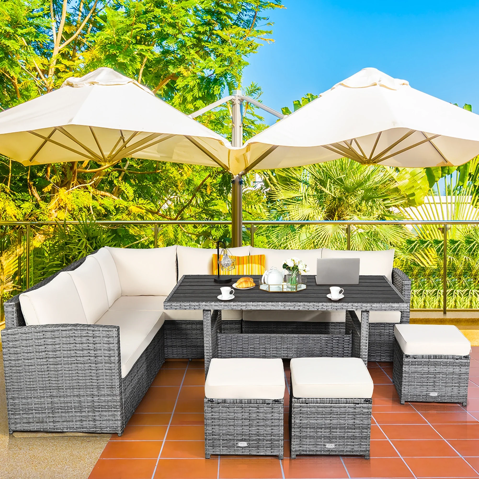 Costway 7 PCS Patio Rattan Dining Set Sectional Sofa Couch Ottoman Garden Red