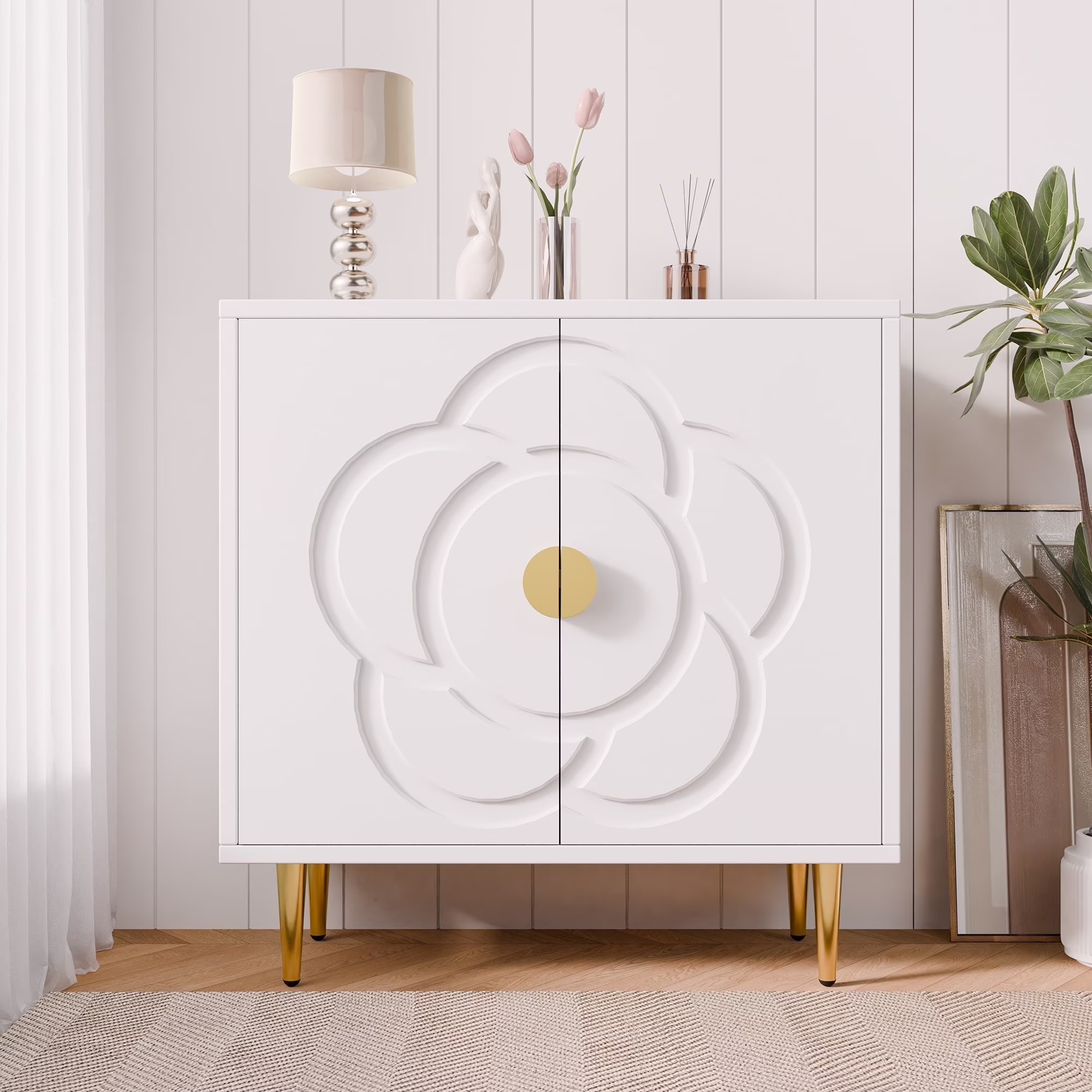 Modern Sideboard Buffet Cabinet with Flower Pattern Panel, 6 Shelves, White(white)