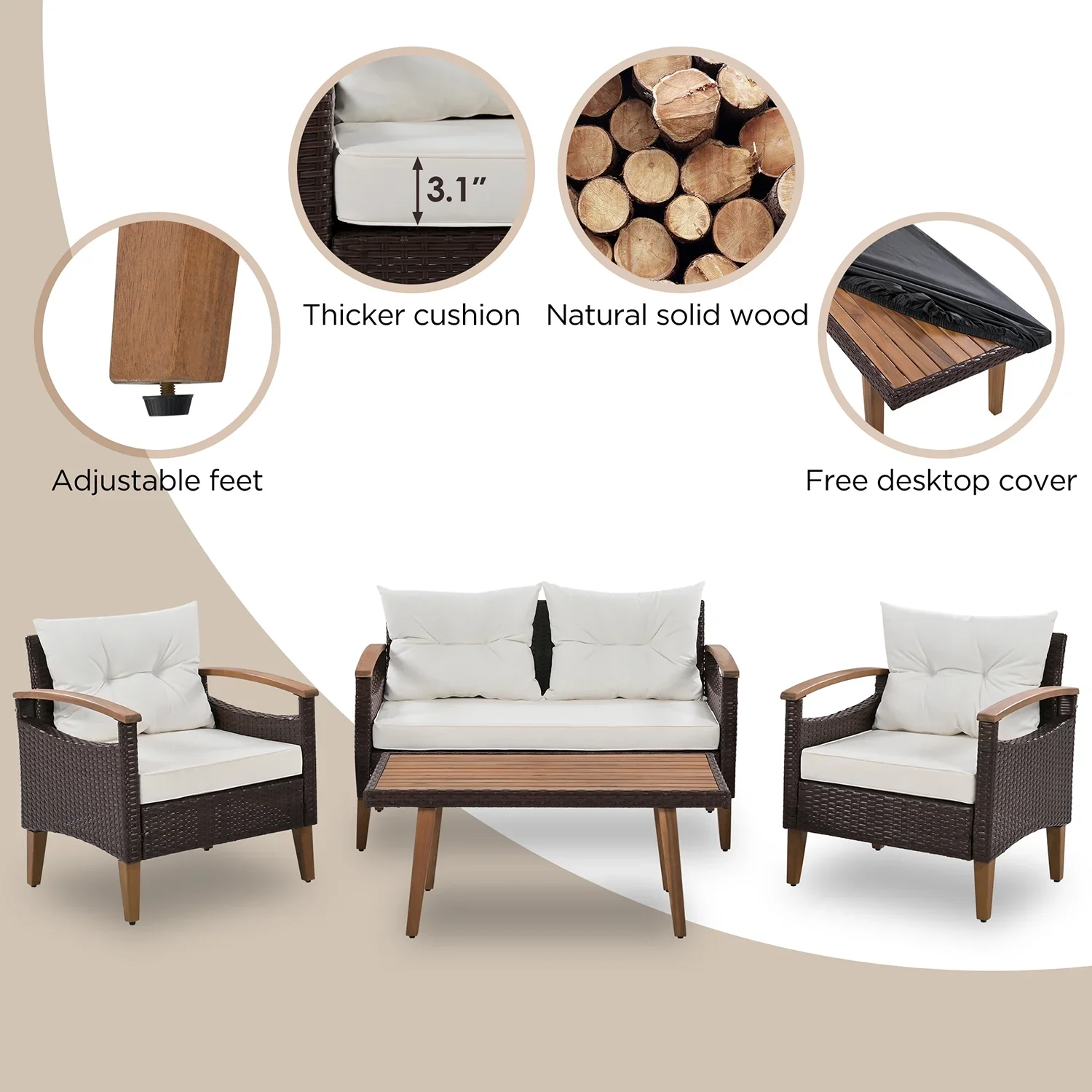 Topcobe Patio Seating Set with Cushions, 4-Piece Garden Furniture, Beige