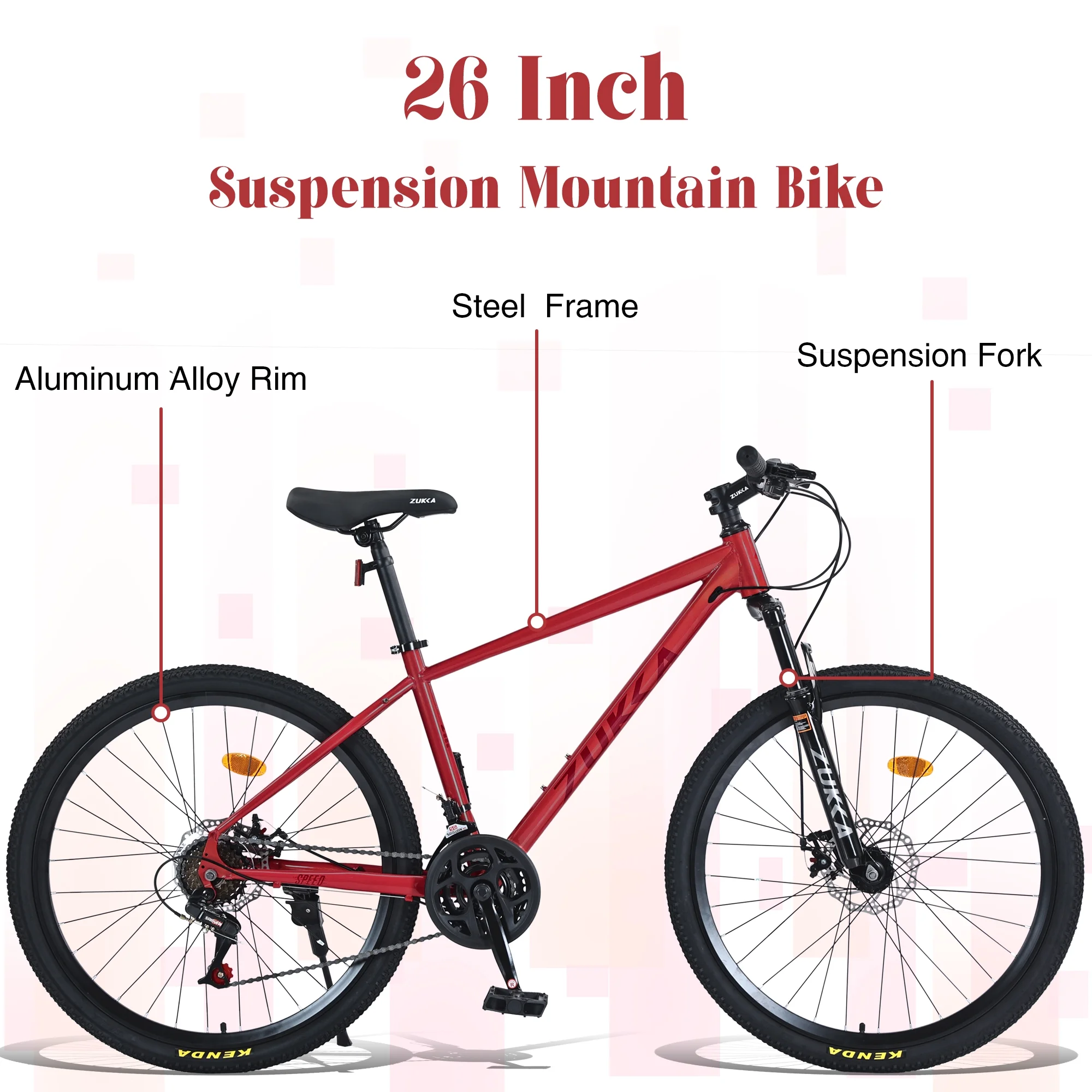 26" Mountain Bike for Men/Women,24 Speed Adult Bicycle Suspension Fork,Fits Riders 5'4" 6'2"Red(Red) - Image 6