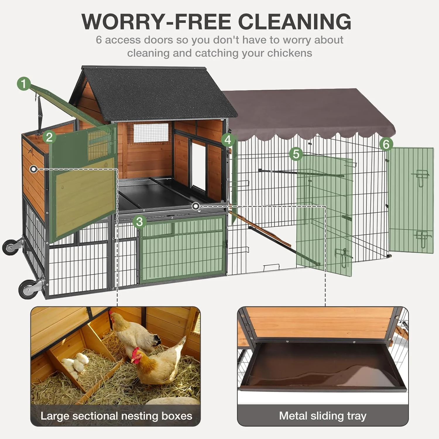 Ultimate Chicken Coop with Wheels Spacious 85" Metal Frame Chicken House with Nesting Box and Leakproof Pull-on Tray Chicken Tractor Portable Waterproof, Perfect for Chickens! - Image 3