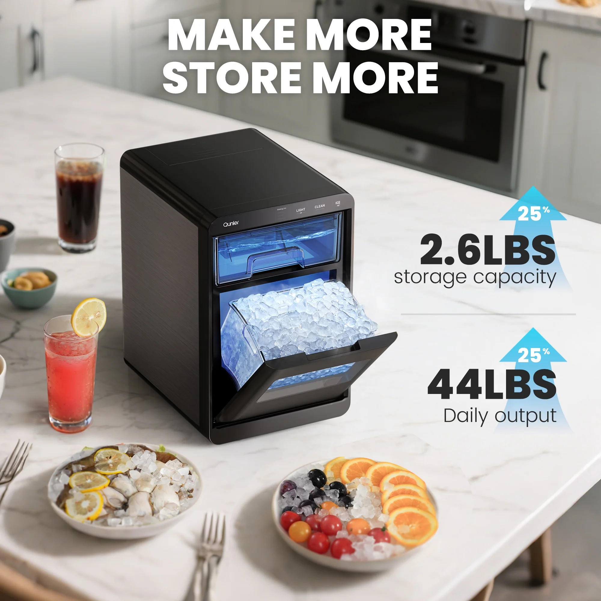 Qunler Nugget Ice Maker Countertop, 44 lb per Day Chewable Pebble Nugget Ice Machine with Touch Screen for Home, Kitchen, Office, Stainless Steel, Black