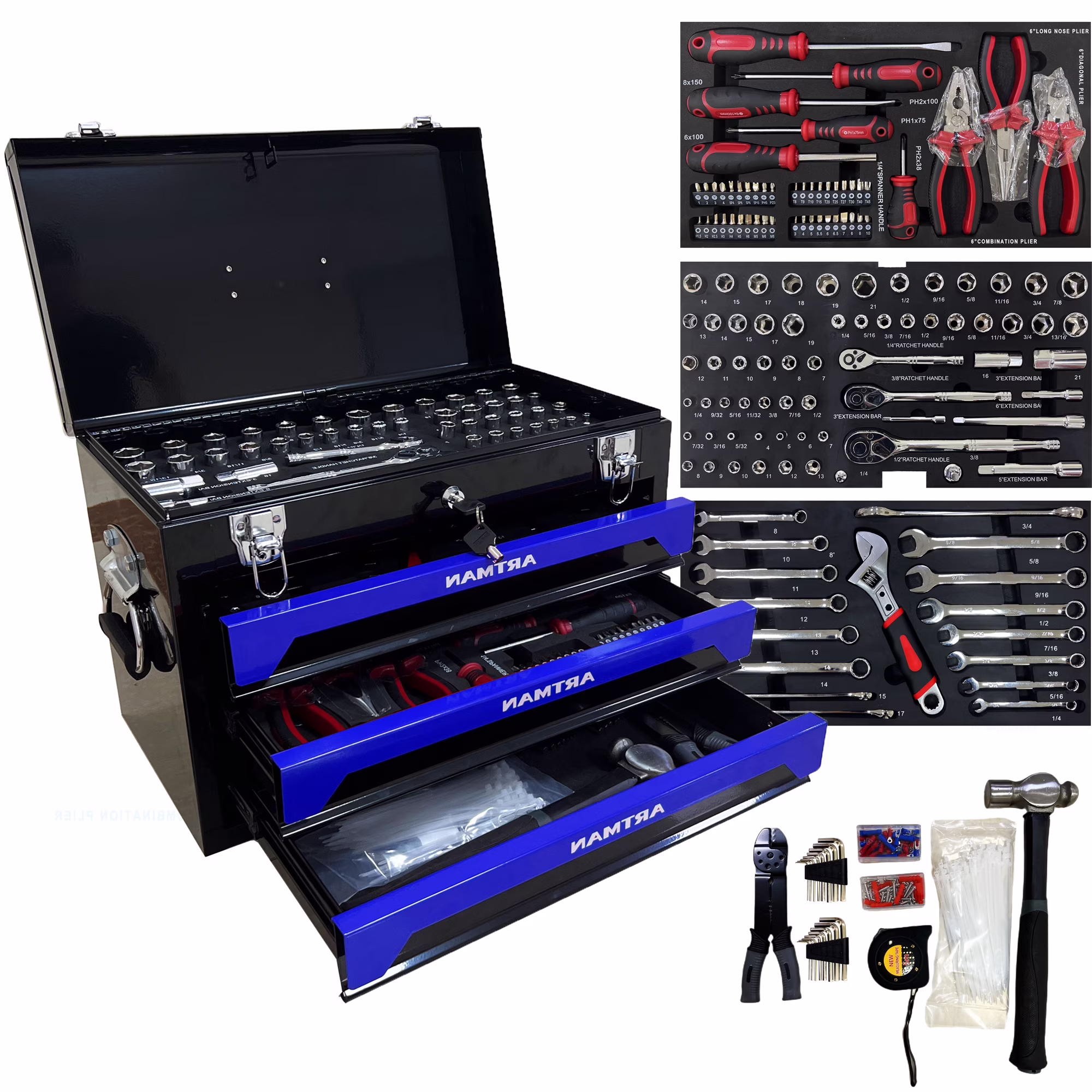 Tool Set 439pcs with 3 Drawers Tool Box Organizer, Mechanic Tool Set for Home, Tool Box Set 4-Tier Socket Wrench Ratchet Plier Nails, Home Tool Set Mechanics Kit for Adults Man Handyman, Red(Red) - Image 5