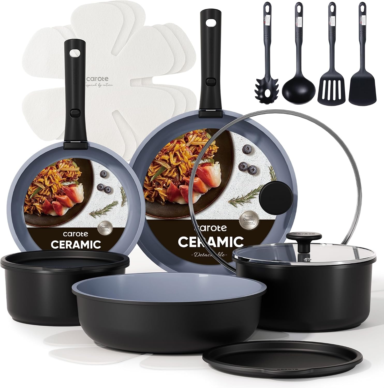 CAROTE 19pcs Pots and Pans Set Non Stick, Detachable Handle Cookware
