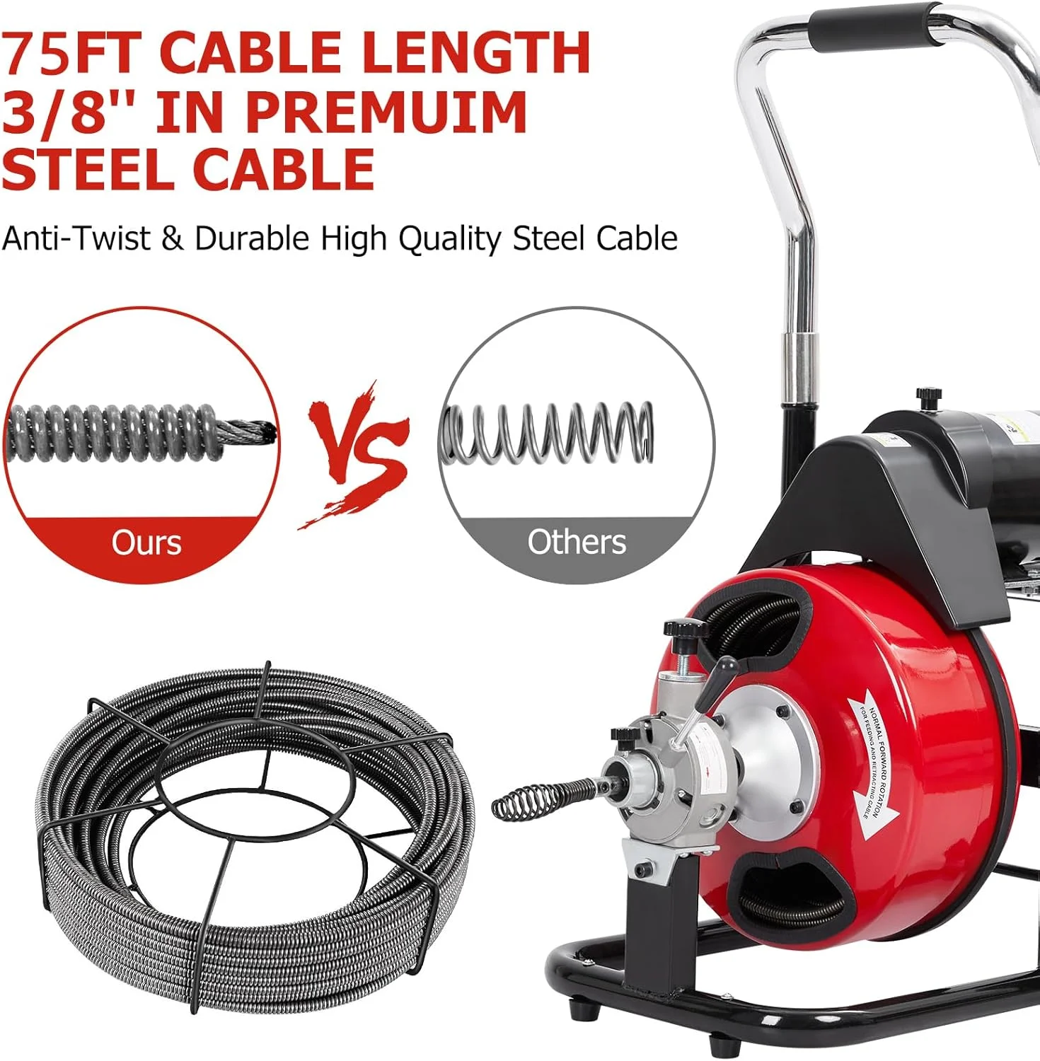 Auto Feed 100 FT x 3/8 Inch Drain Cleaner Machine with 250W Motor, Portable Sewer Snake Auger with 8 Cutters Air-Activated Foot Switch, Fits 1" to 4" Pipes(3/8inch 250W/100FT) - Image 9
