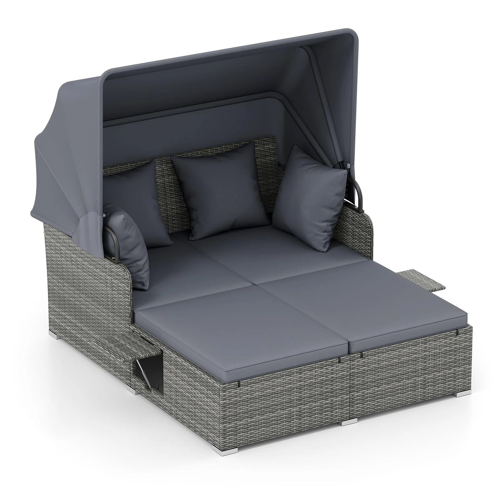 Tangkula Outdoor Wicker Sunbed Lounger with 2 Foldable Side Tables