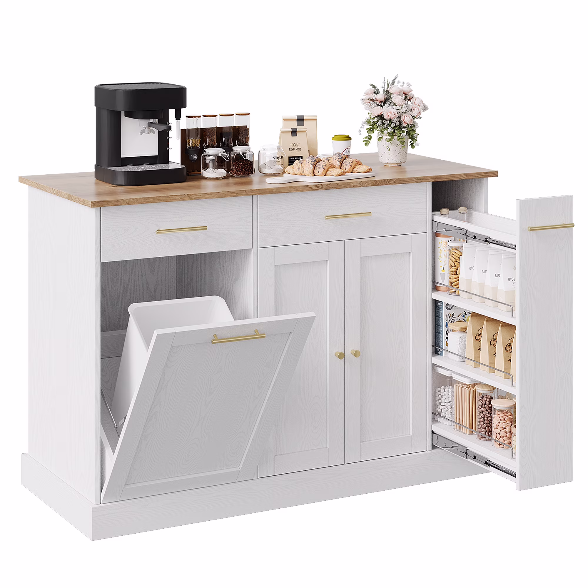 52" Kitchen Island with Storage, Rolling Kitchen Cart Island with Wheels, Tilt Out Kitchen Trash Cabinet 10 Gallon Storage, 3 Large Spice Racks and 2 Drawers, White(White)