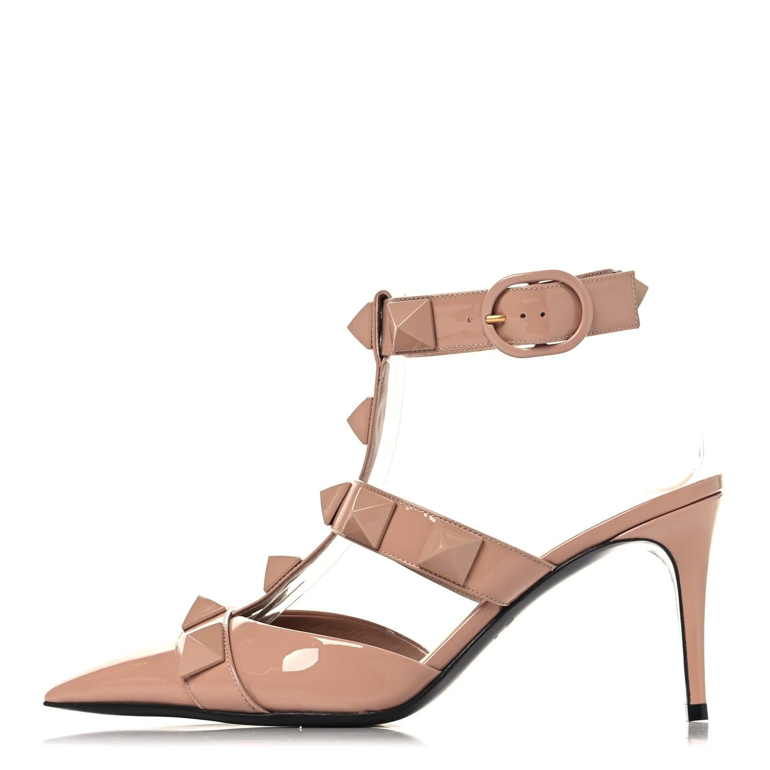 Patent Enamel Monochrome Roman Stud Ankle Strap 80mm Pumps 37 Rose Cannelle