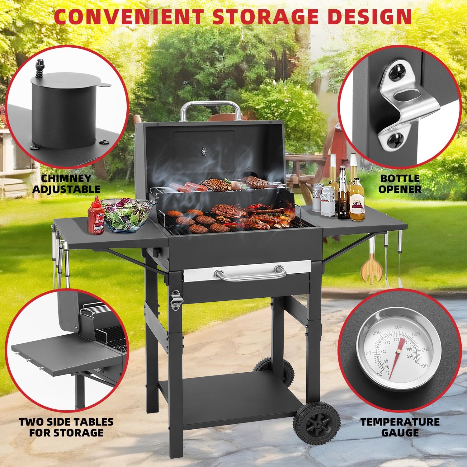 Kendane Charcoal Grill with Side Shelf, 353 Square Inch Cooking Area
