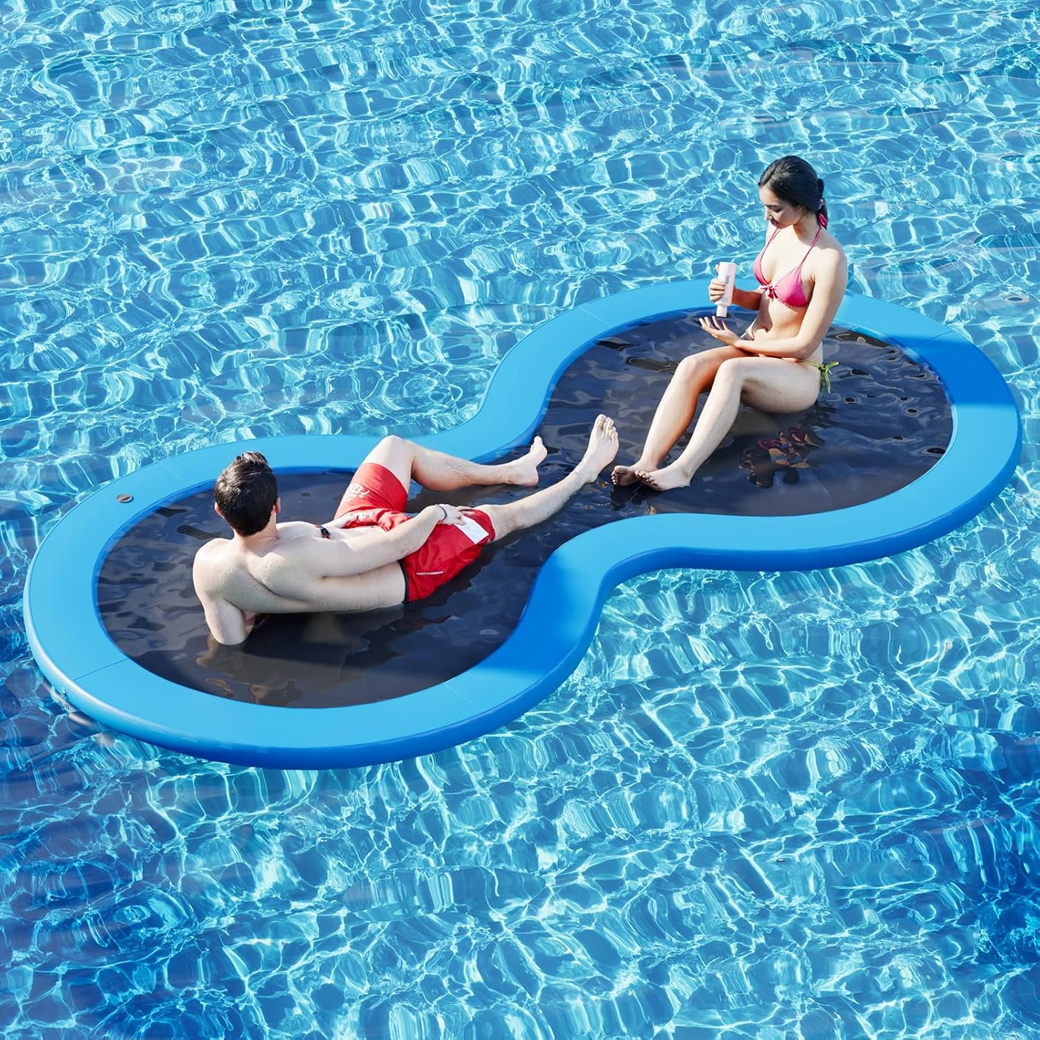 Round Inflatable Floating Dock, Sunchill Float Ring, Hammock Tanning Pool with 4IN Woven Fabric, Manual Pump for 1-2 Min Quick…