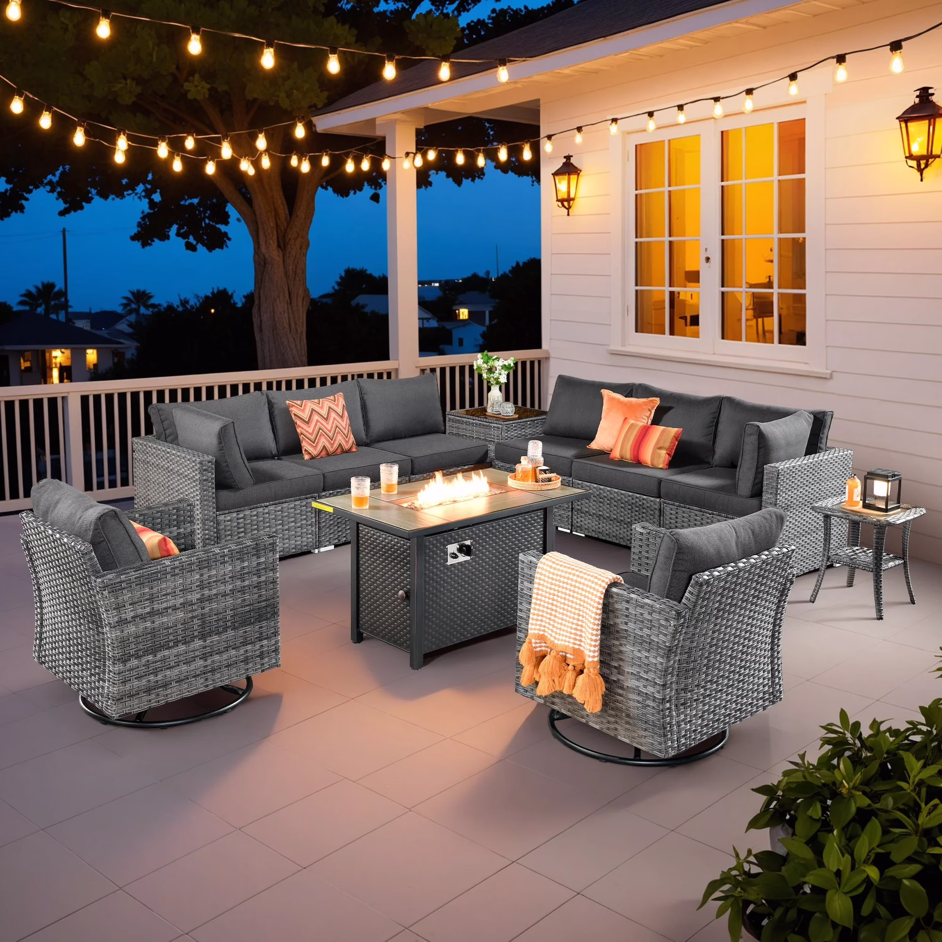 11 Pieces Outdoor Patio Furniture Sets with Fire Pit Sectional Sofa All Weather Wicker Conversation Set with Swivel Glider Chairs, Black(11 PCS (A)/Black)