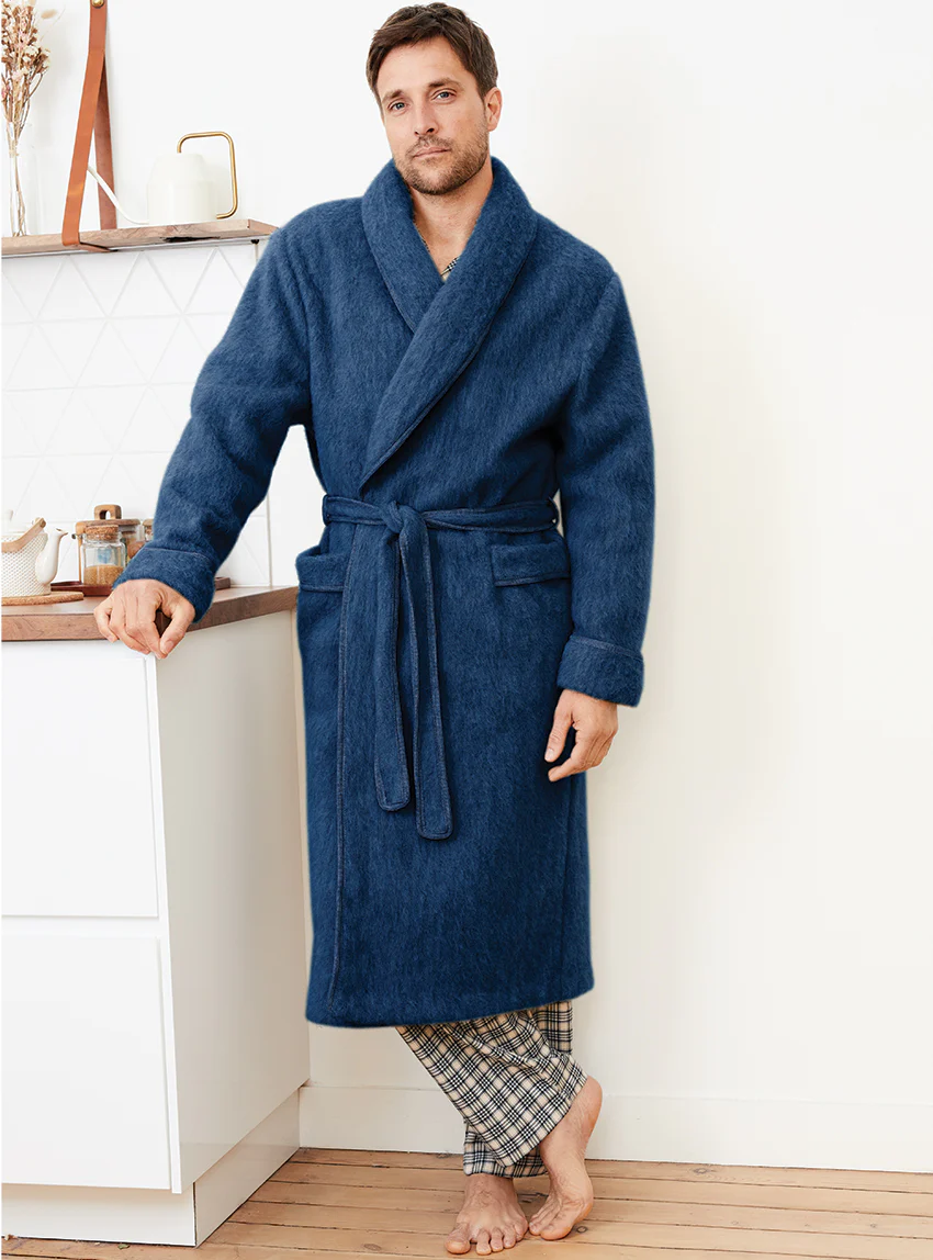 Robe de chambre homme en laine des Pyrénées  bleu océan