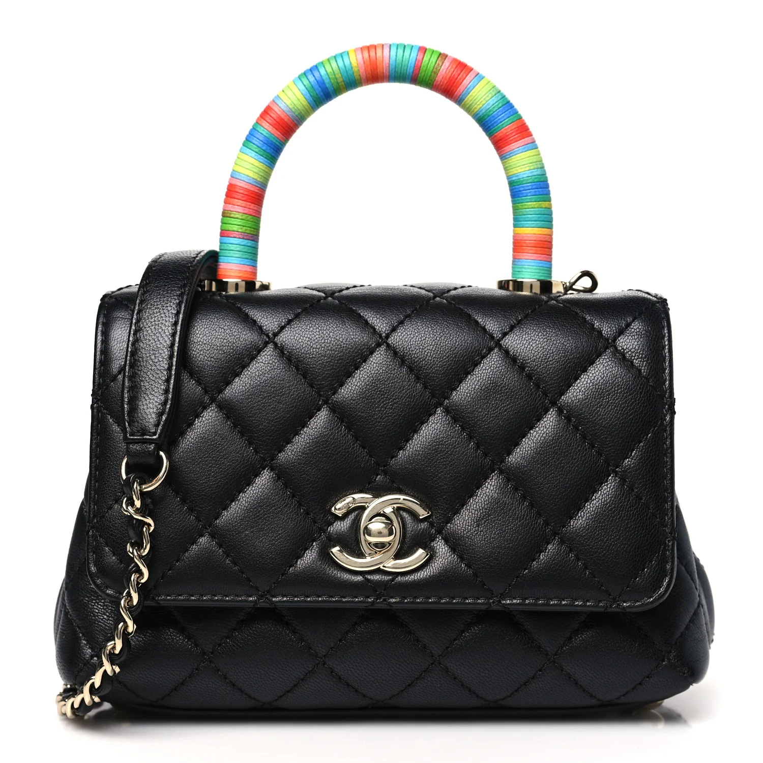 Goatskin Quilted Rainbow Extra Mini Coco Handle Flap Black
