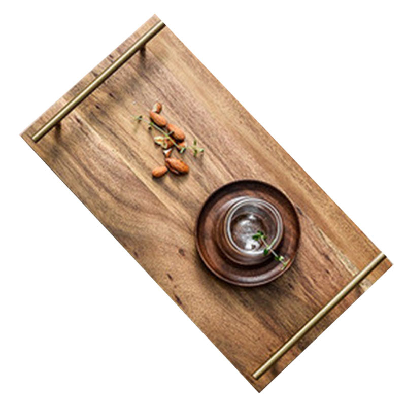 Acacia Wood Tray Plate Fruit Dessert Snack Food Serving Tray with Metal Handle