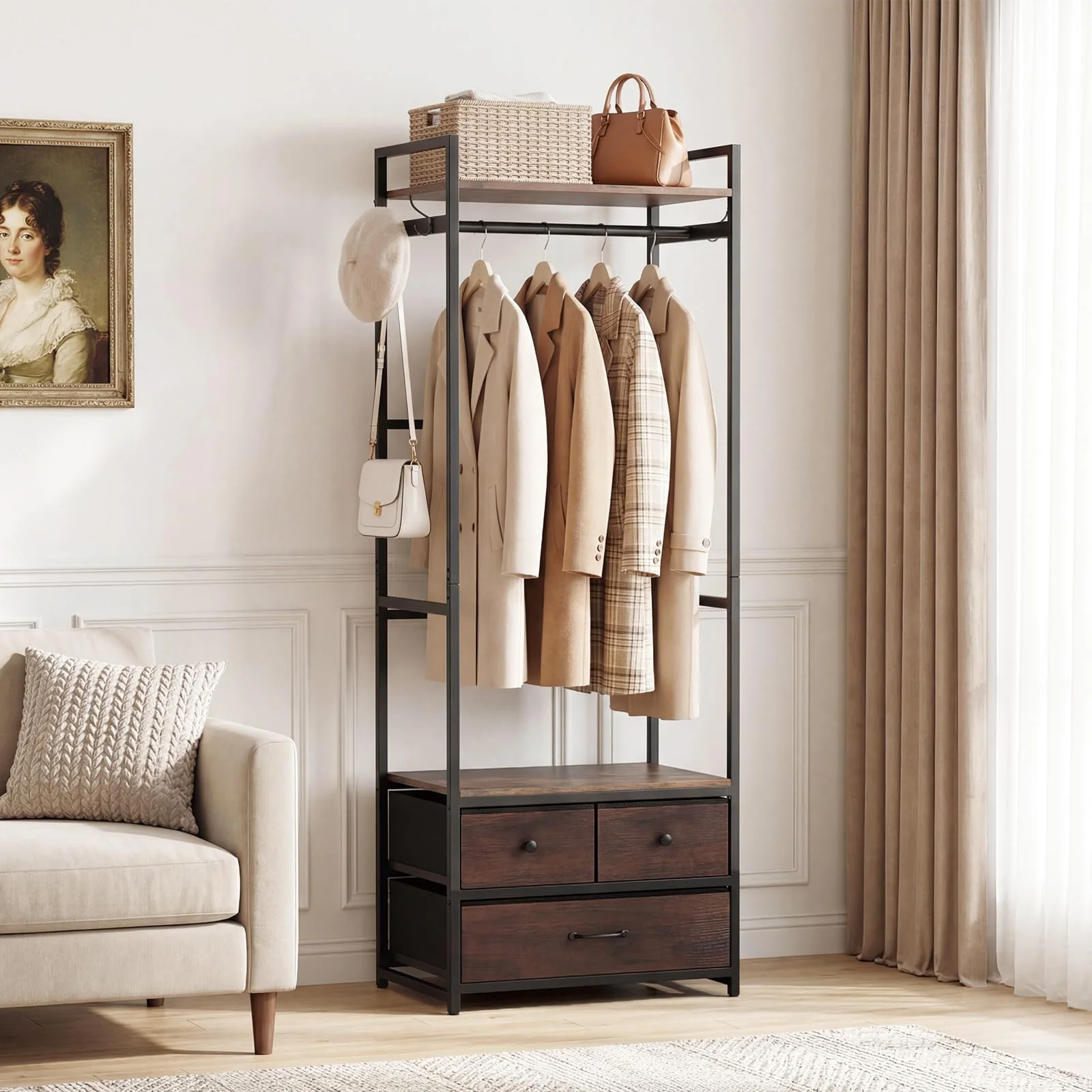 Tangkula Freestanding Small Clothes Rack | Heavy Duty Coat Rack with Drawers