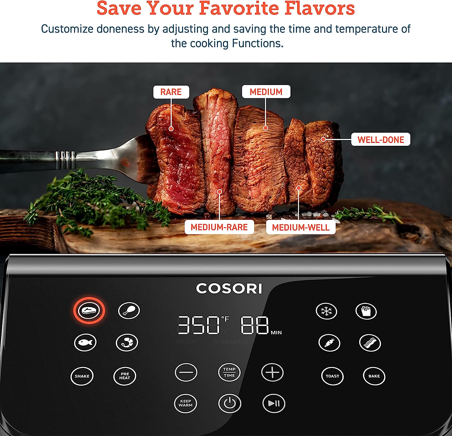 Four à air chaud combiné COSORI Pro II, grande capacité de 5,8 L avec 12 fonctions personnalisables enregistrables en une seule touche, livre de recettes et recettes en ligne, panier carré amovible antiadhésif et compatible lave-vaisselle, noir, CP35