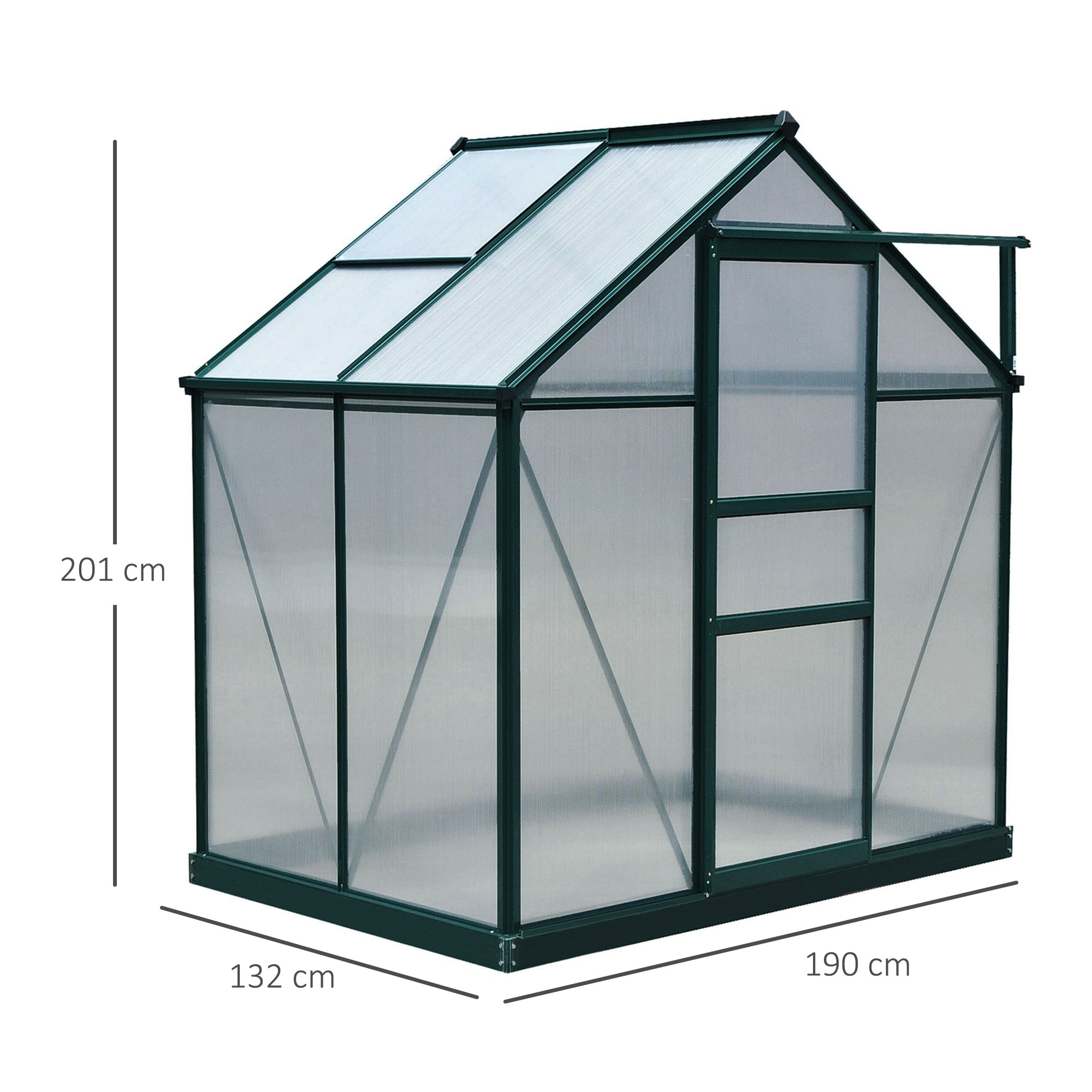 Outsunny kas aluminium kas met dakraam deur 190 x 132 x 201 cm plantenhuis met fundering inloop tomatenhuis weerbestendig polycarbonaat groen + transparant
