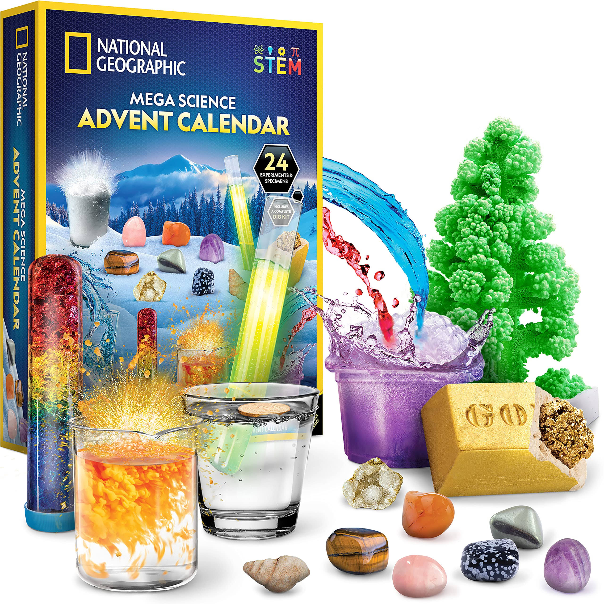 National Geographic Kids Advent Calendar - 24 Science Experiments, Rocks, Fossils and Gemstone Dig Kit with Storage Bag