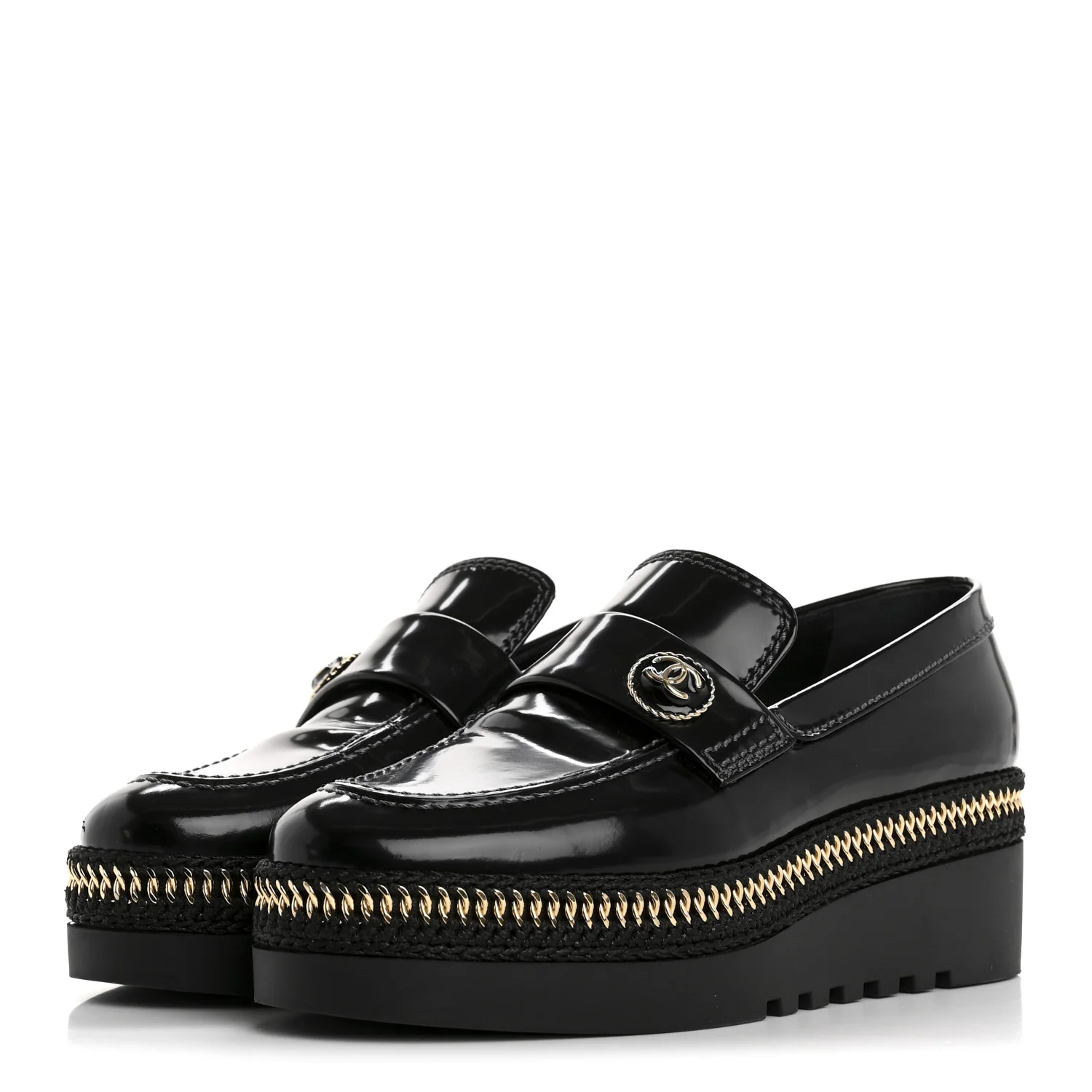 Shiny Calfskin Platform Loafers 37 Black