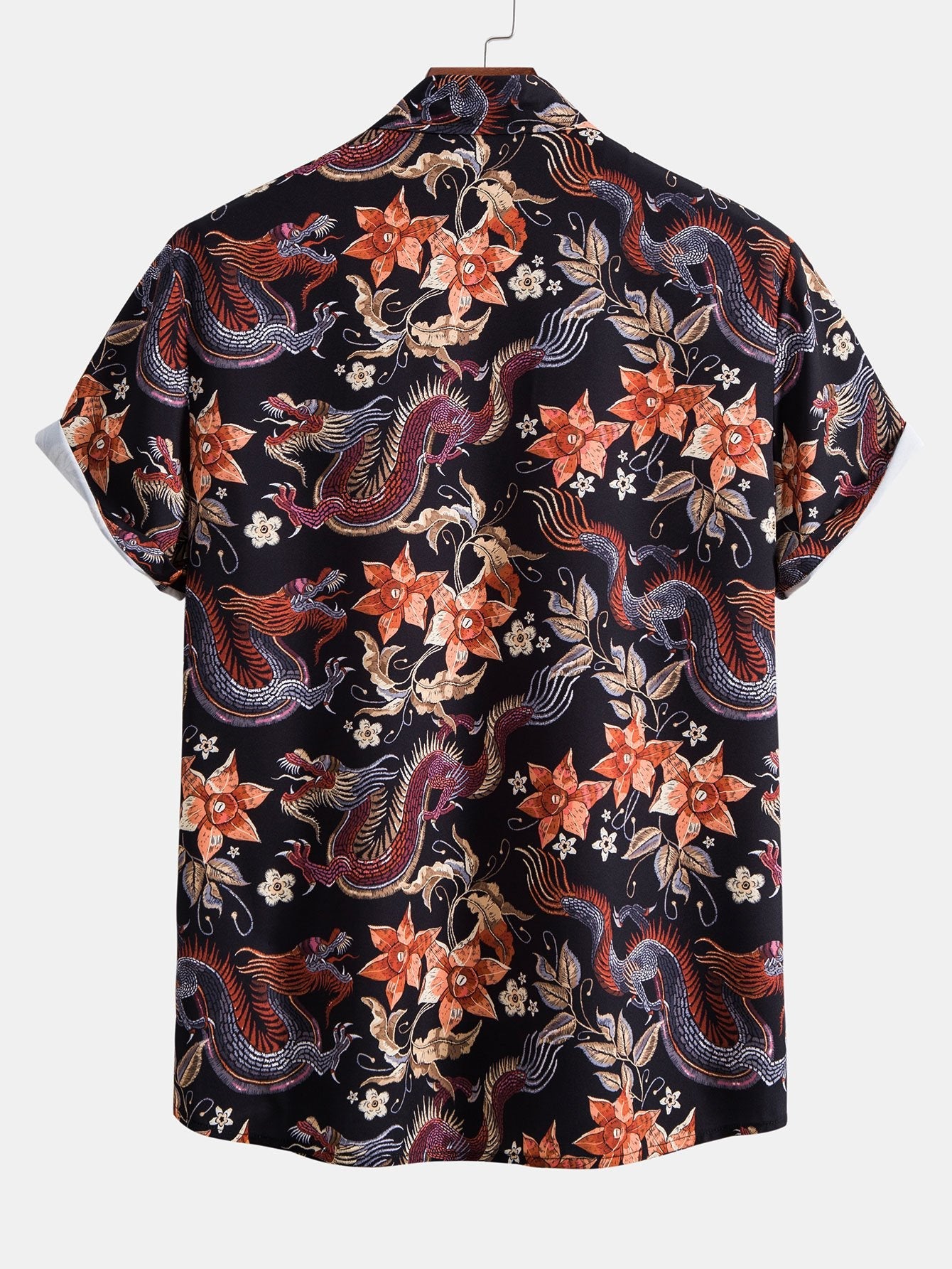 Chemise boutonnée à imprimé floral dragon et short de bain à imprimé dragon