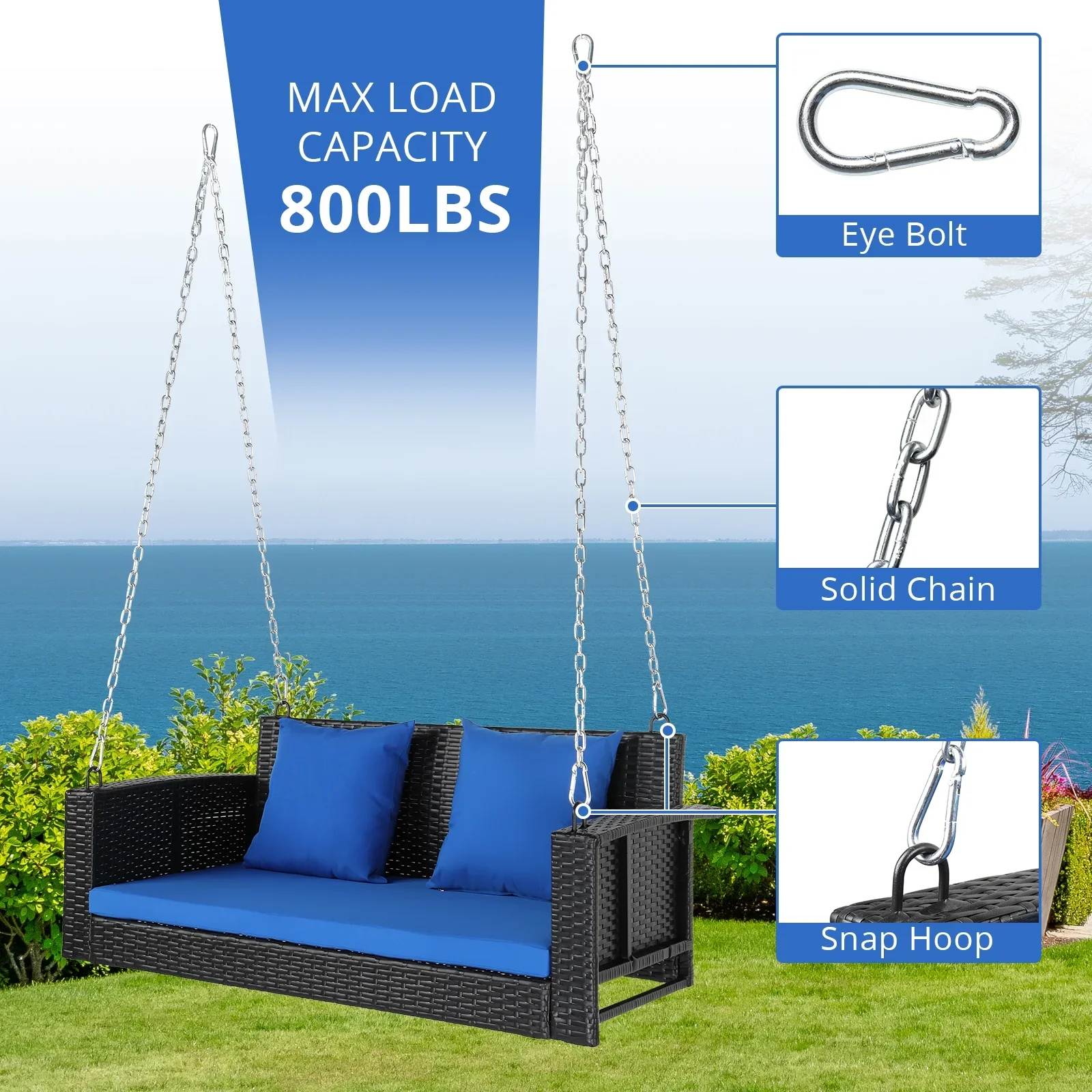 SamyoHome Garden Swing Rattan Wicker  Hanging Swing Bench w/ Blue Cushion