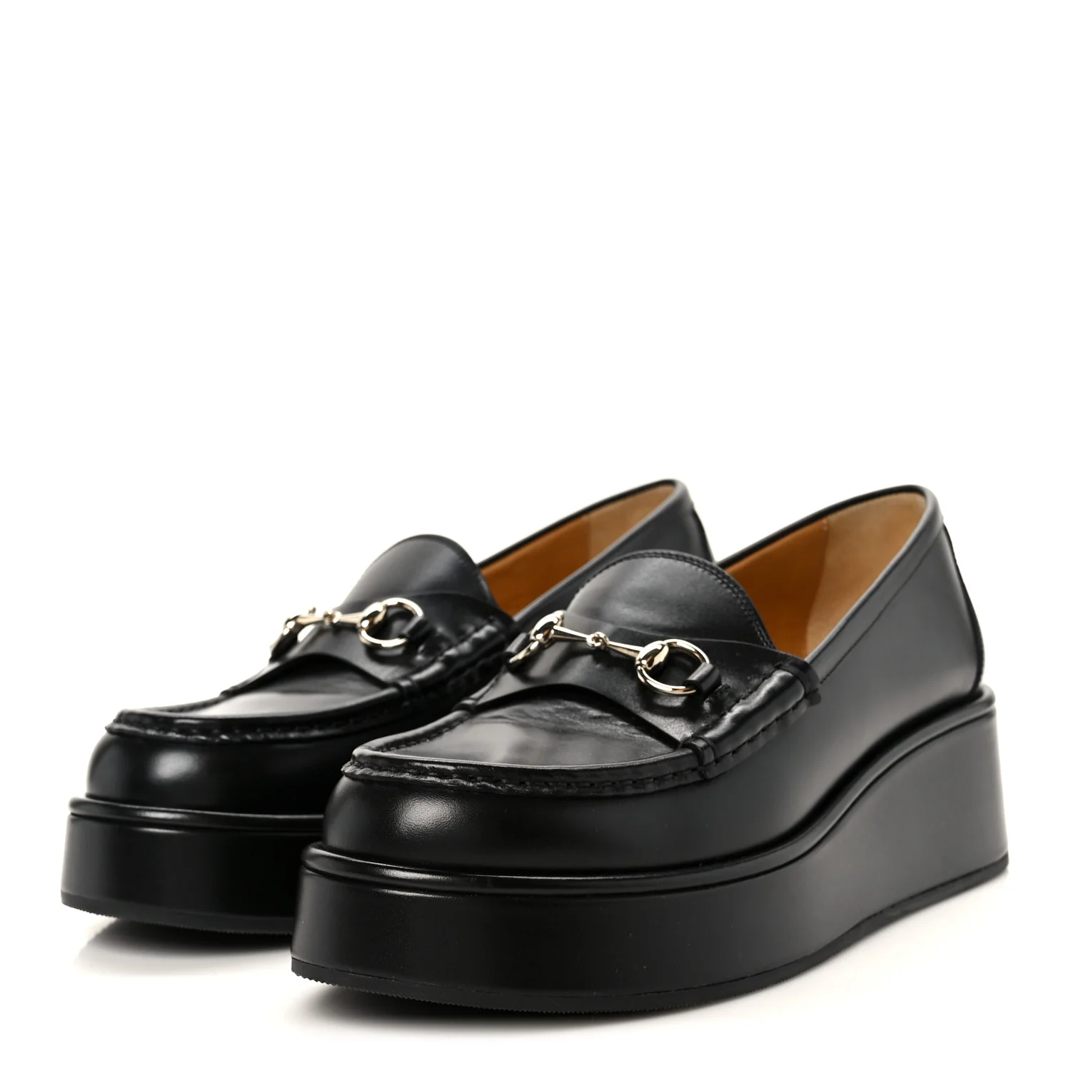 Kama Calfskin Horsebit Womens Wedge Platform Loafers 38.5 Black