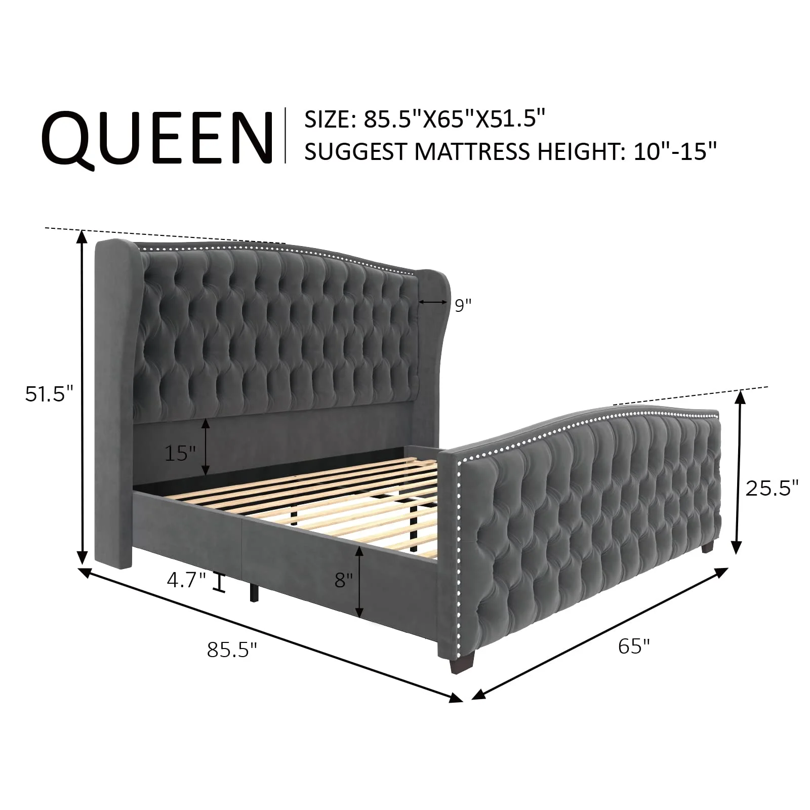 VANACC Queen Size Bed Frame, Velvet Upholstered Bed with Deep Button Tufted Wingback Headboardgrey