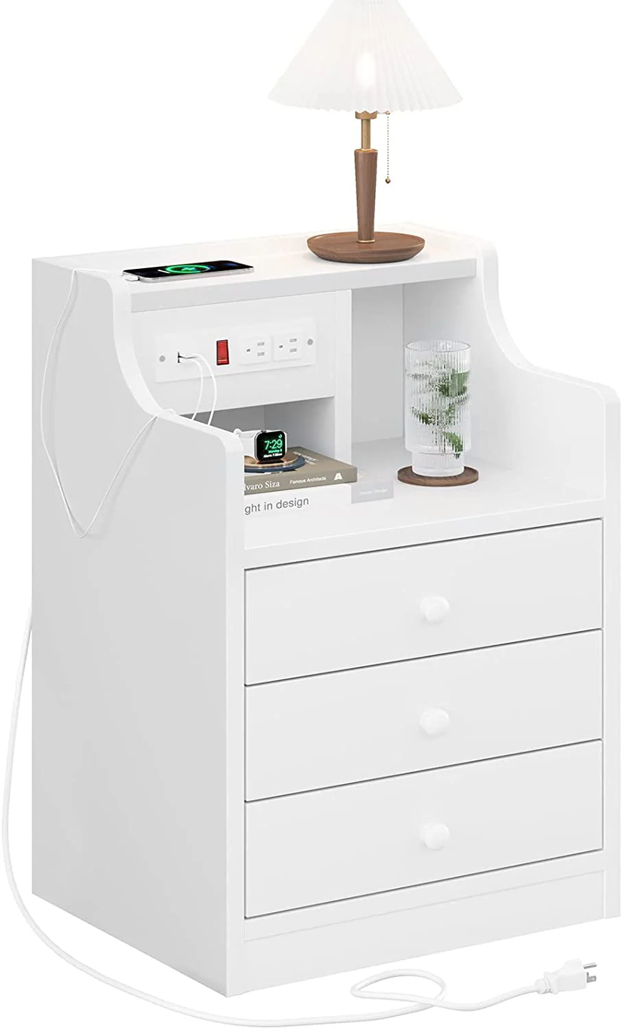 ADORNEVE Nightstand with Charging Station and 3 Storage Drawers, White(1PCS/Black) Image 8