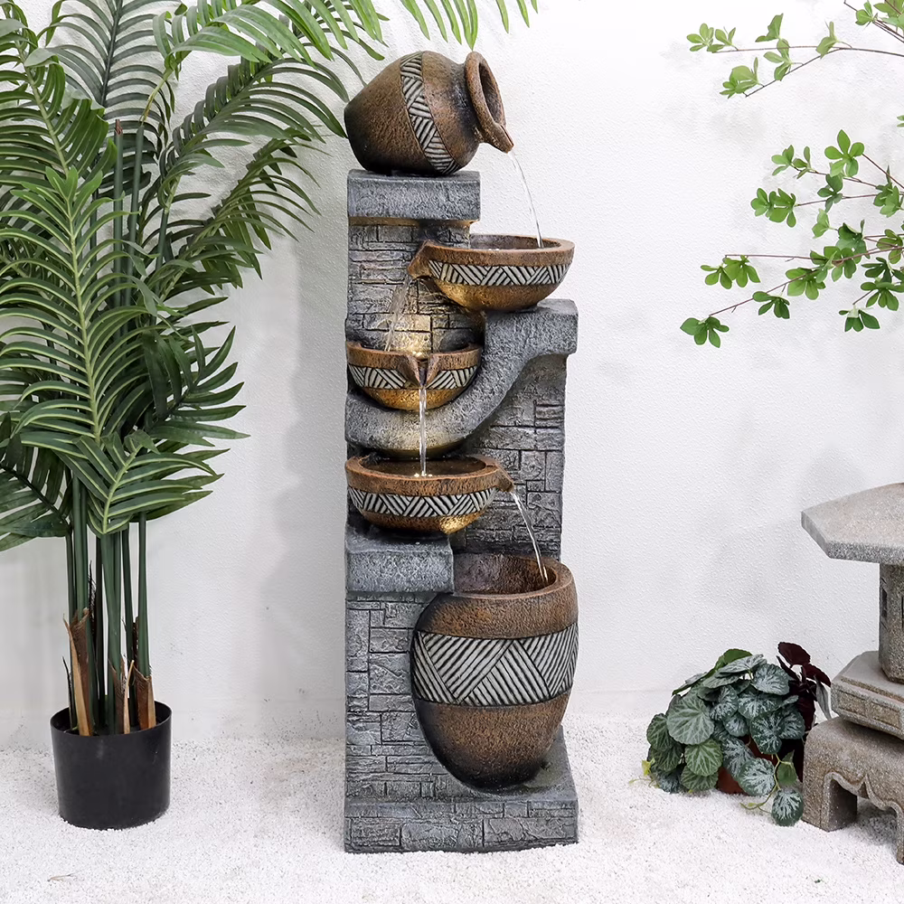 Watnature 5-Tier Natural Looking Stone Fountain Outdoor Water Fountain with LED Lights Resin Fountain Decor for Garden Patio