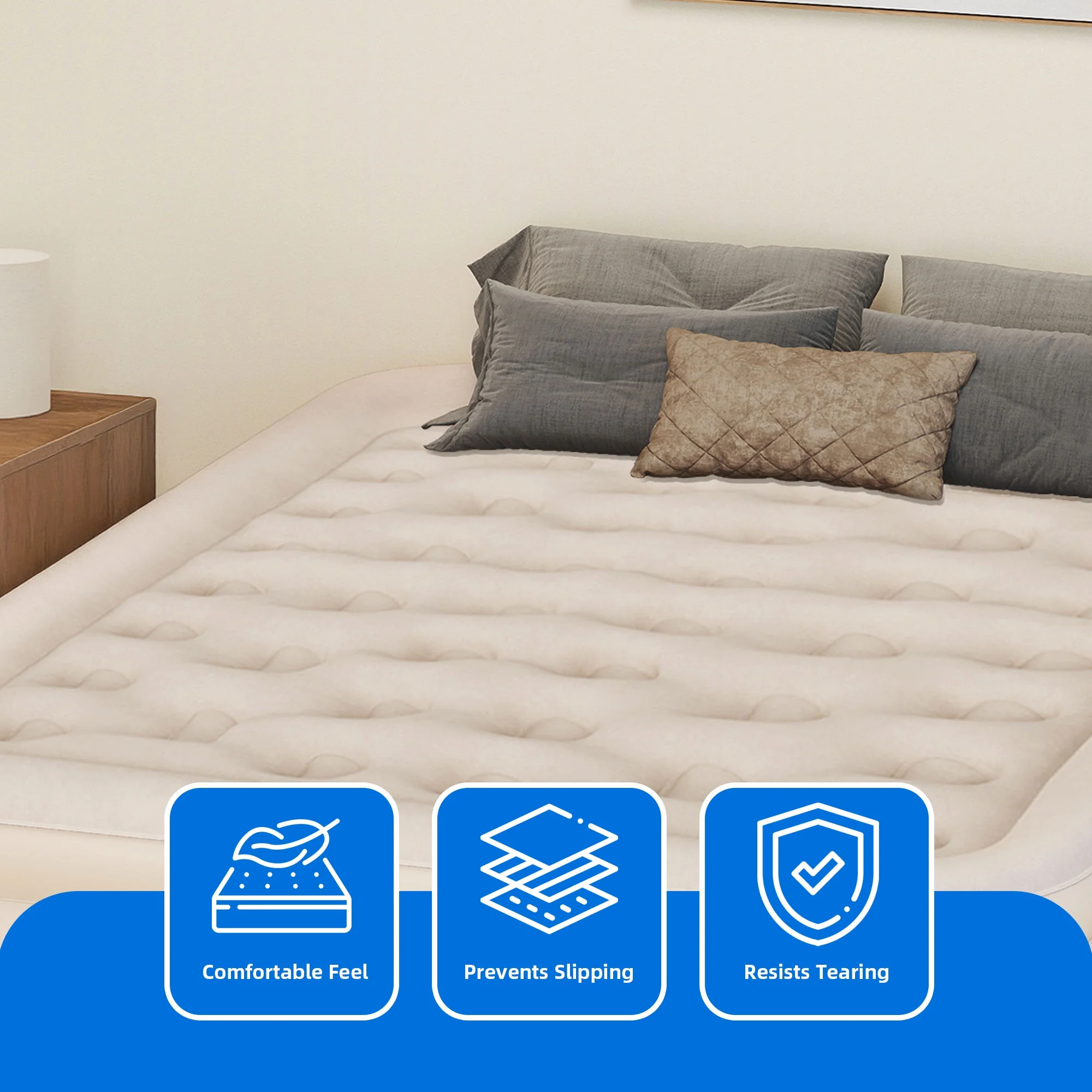 Inflatable Queen Air Mattress with Built-in Pump, Frame, Velvet Surface Portable Storage Case, Khaki(Queen/Khaki) - Image 6