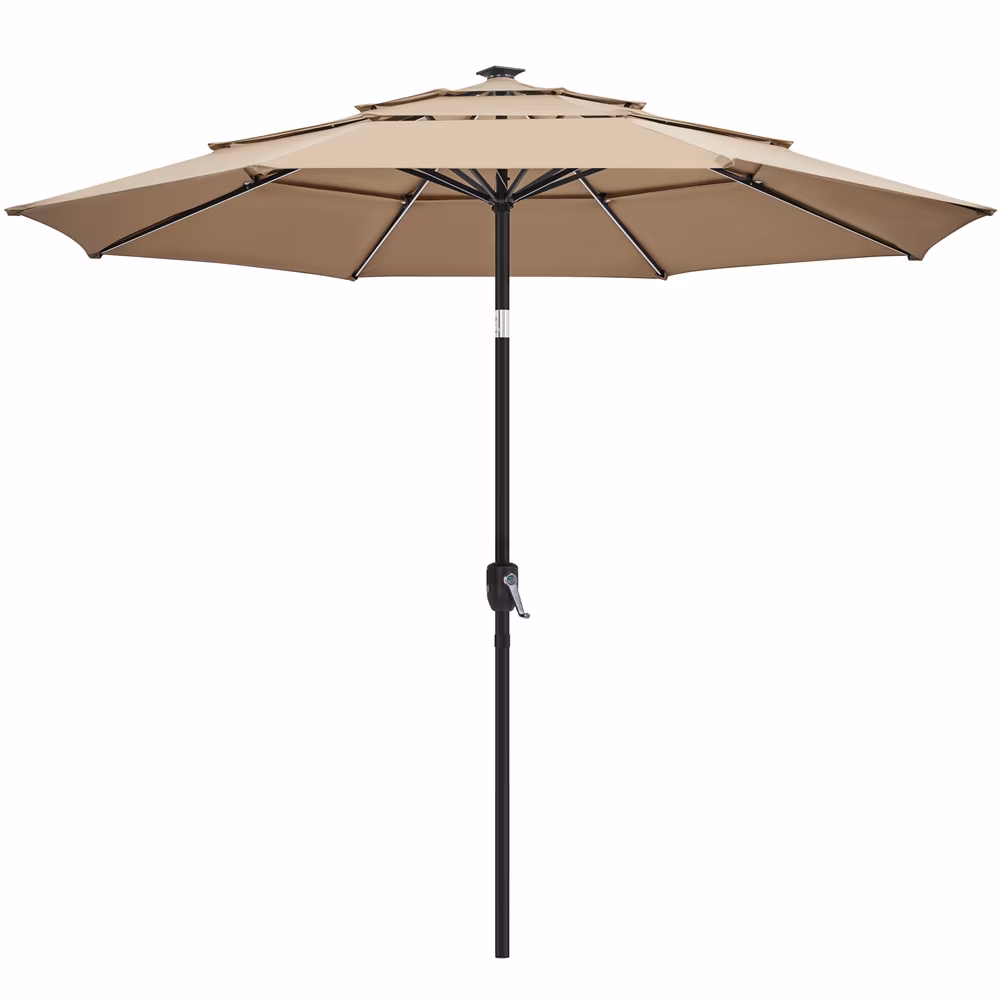 10 Ft Outdoor Patio Parasol with Color-Changing LED Strip, Tan(Beige)
