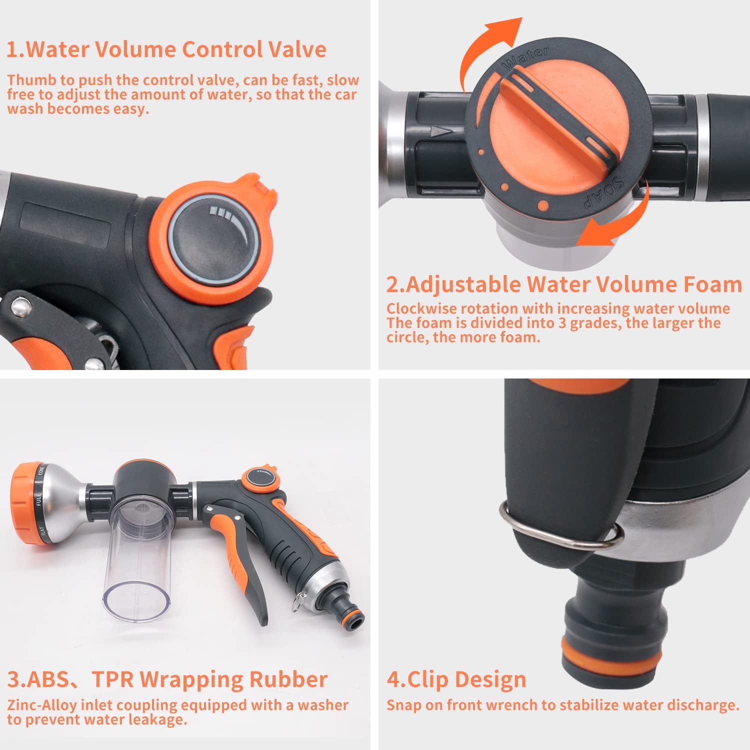 Garden Hose Nozzle, 8 Patterns High Pressure Hose Sprayer, Heavy Duty Dog Wash, Metal Water Hose Nozzle with Soap Dispenser, Car Wash Foam Gun with Car Wash Mitt