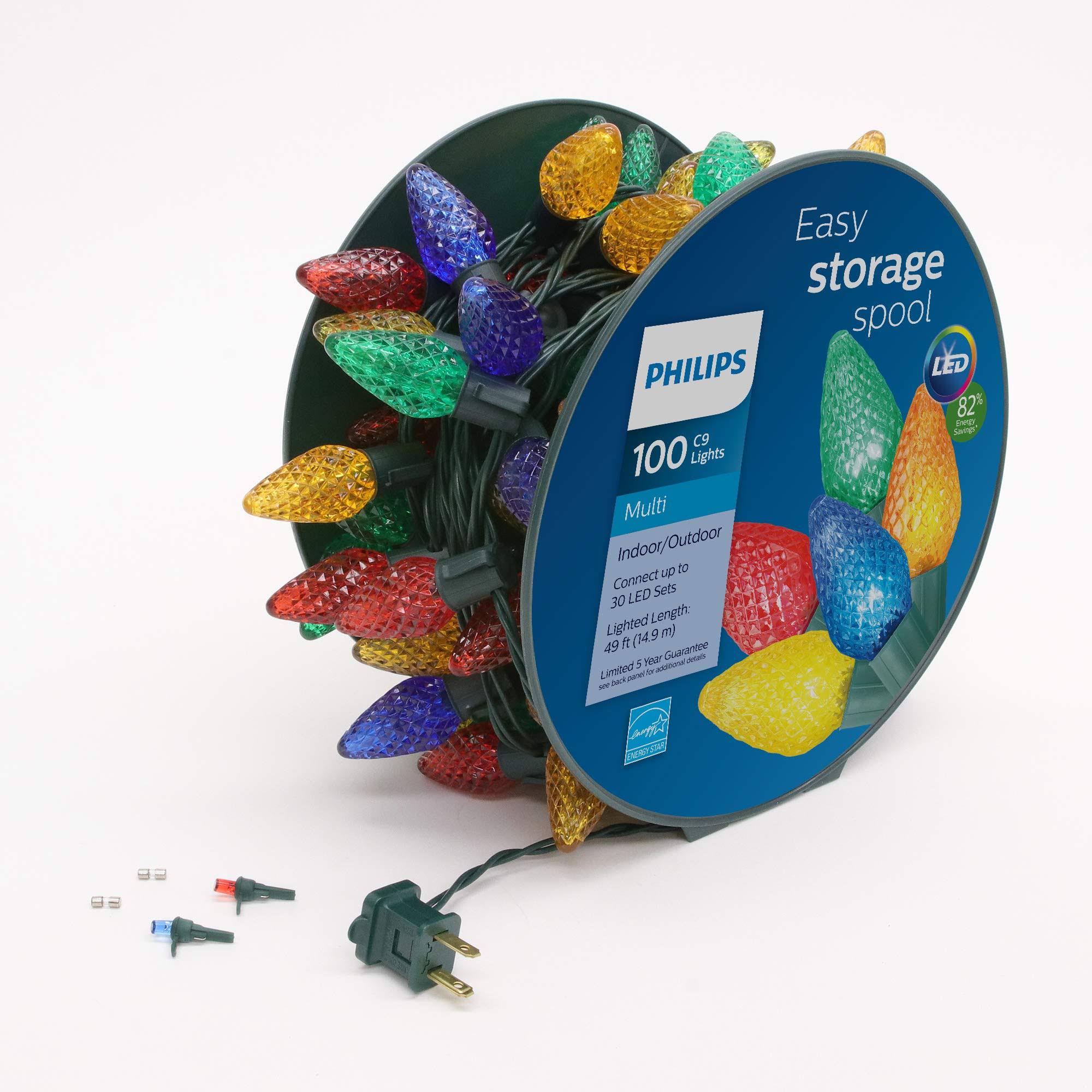 Philips 100 LED Multicolor Faceted C9 Christmas Lights on Green Wire with Storage Spool - UL Listed for Indoor/Outdoor Use - 51.33' Total Length