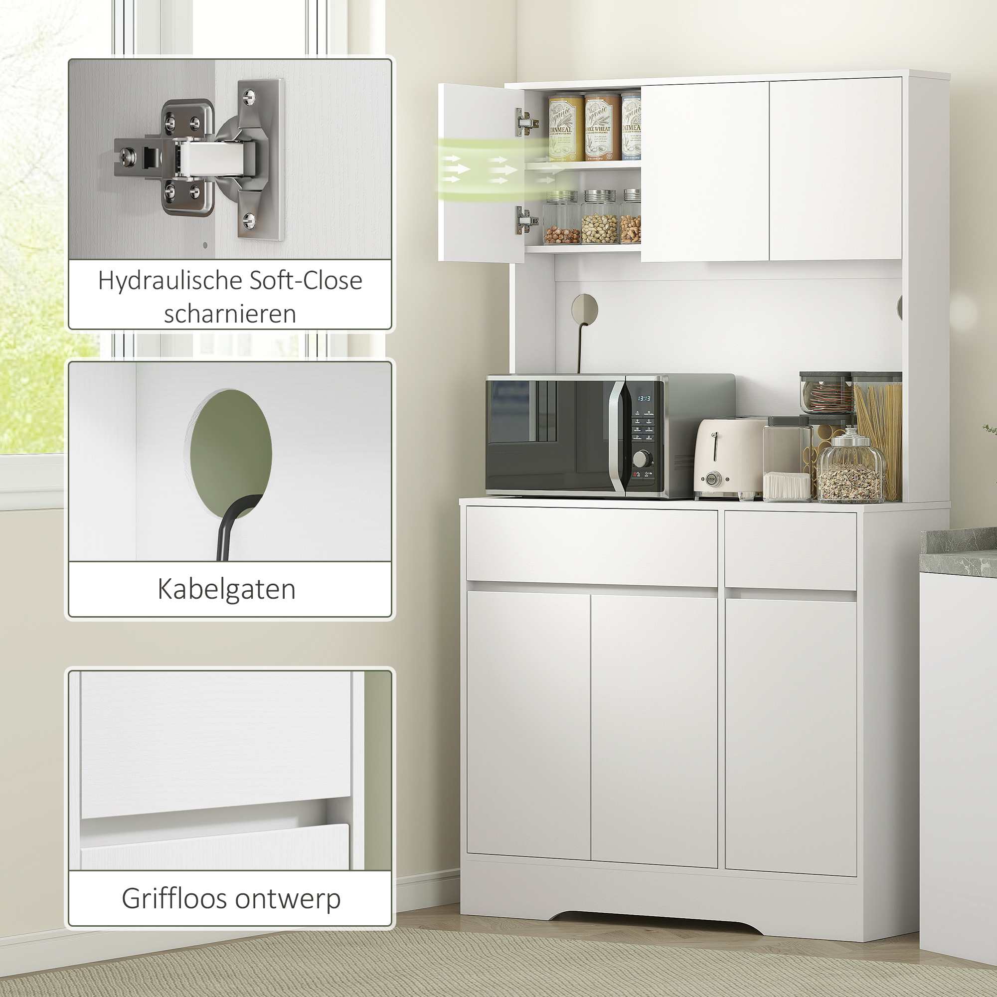 HOMCOM Keukenkast met Open Werkblad, 6 Kastdeuren, 2 Laden, Verstelbare Planken, Kabelgaten, Spaanplaat, Wit