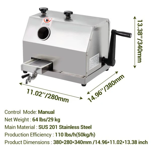 Presse-agrumes manuelle pour canne à sucre, avec 3 tambours en acier inoxydable et une large ouverture de 6 cm (2,4 pouces), débit de 50 kg/h (110 lb/h), convient à un usage domestique ou commercial.