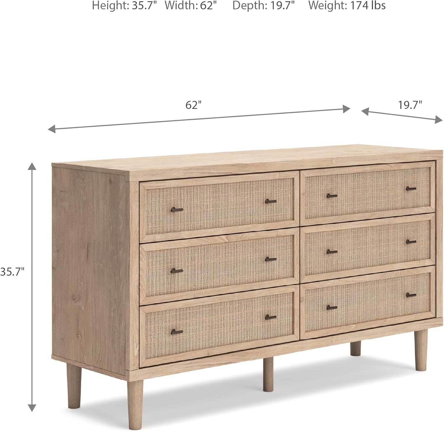 Signature Design by Ashley Cielden Coastal 6-Drawer Dresser, Bronze-Tone Knobs, Safety Stop, Textured Cane Details, 62.01