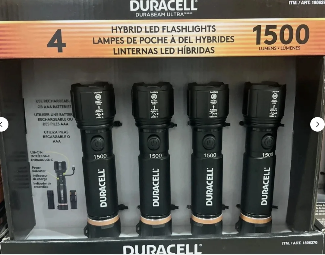 Duracell Hybrid Flashlight, 1500 Lumens, 4 - Count